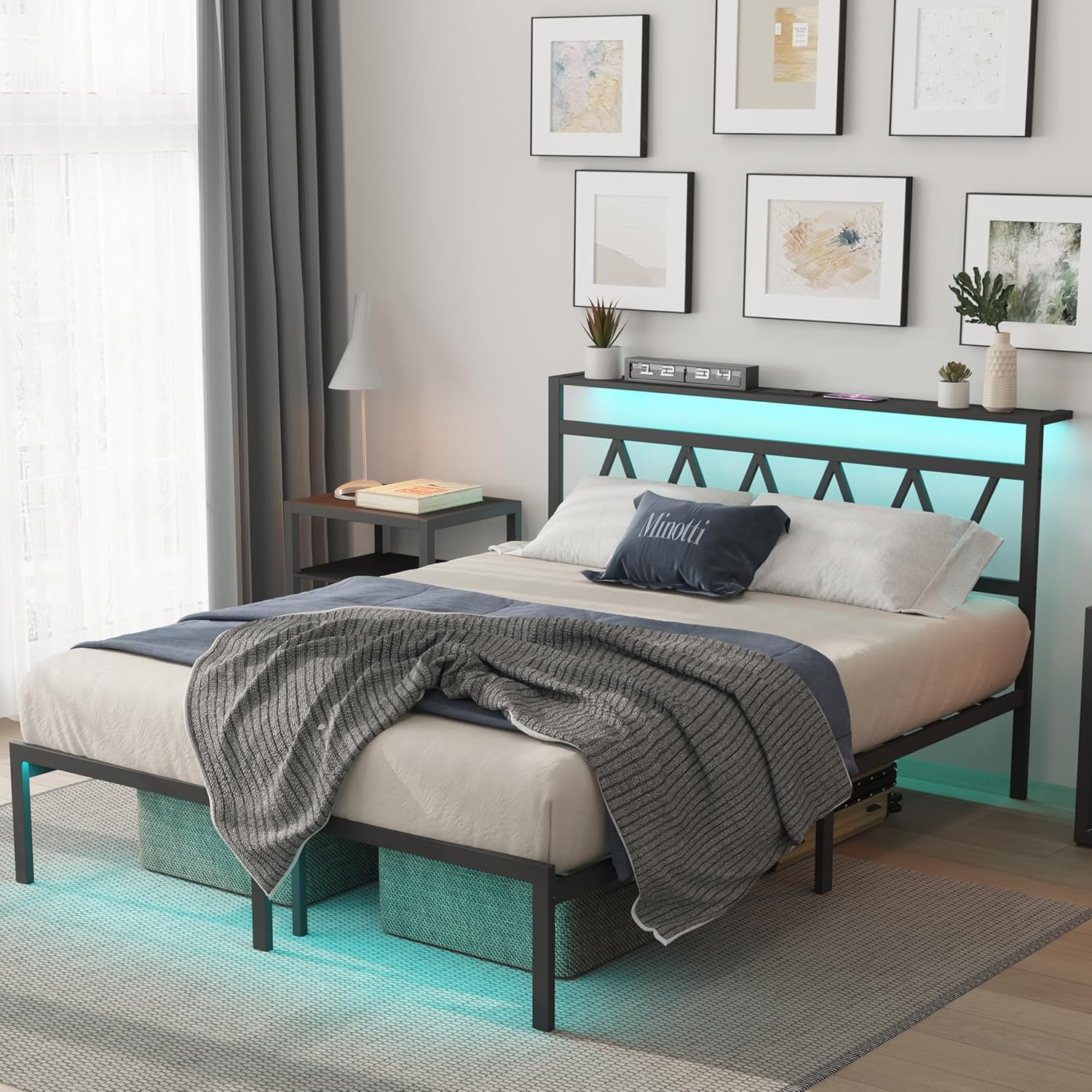 Full Bed Frame with Smart LED Lights, Storage Headboard and USB Charging Station,Heavy Duty Wooden Slats, No Box Spring Needed
