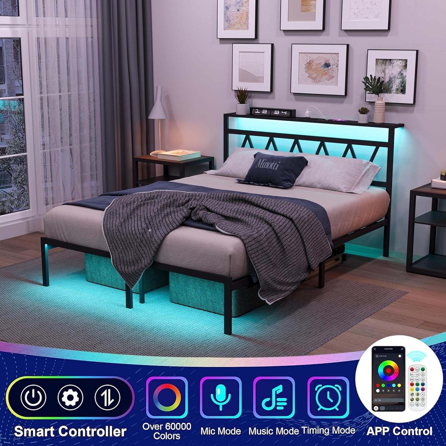 Full Bed Frame with Smart LED Lights, Storage Headboard and USB Charging Station,Heavy Duty Wooden Slats, No Box Spring Needed