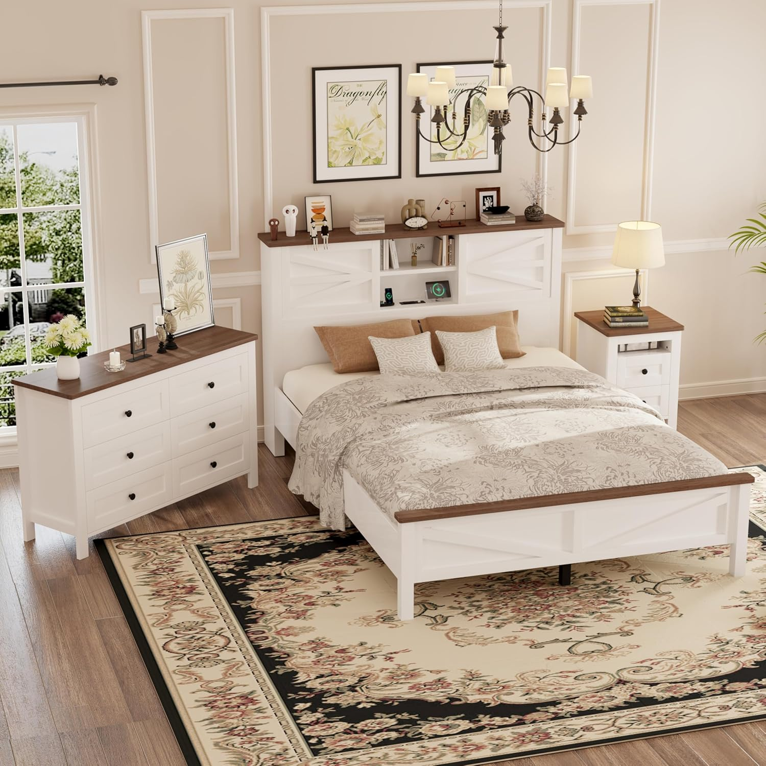 3-Pieces Bedroom Sets Queen Size Farmhouse Platform Bed with Double Sliding Door Storage Headboard, Storage Nightstand and Dresser, 3 Piece Bedroom Furniture Set Queen Size, White