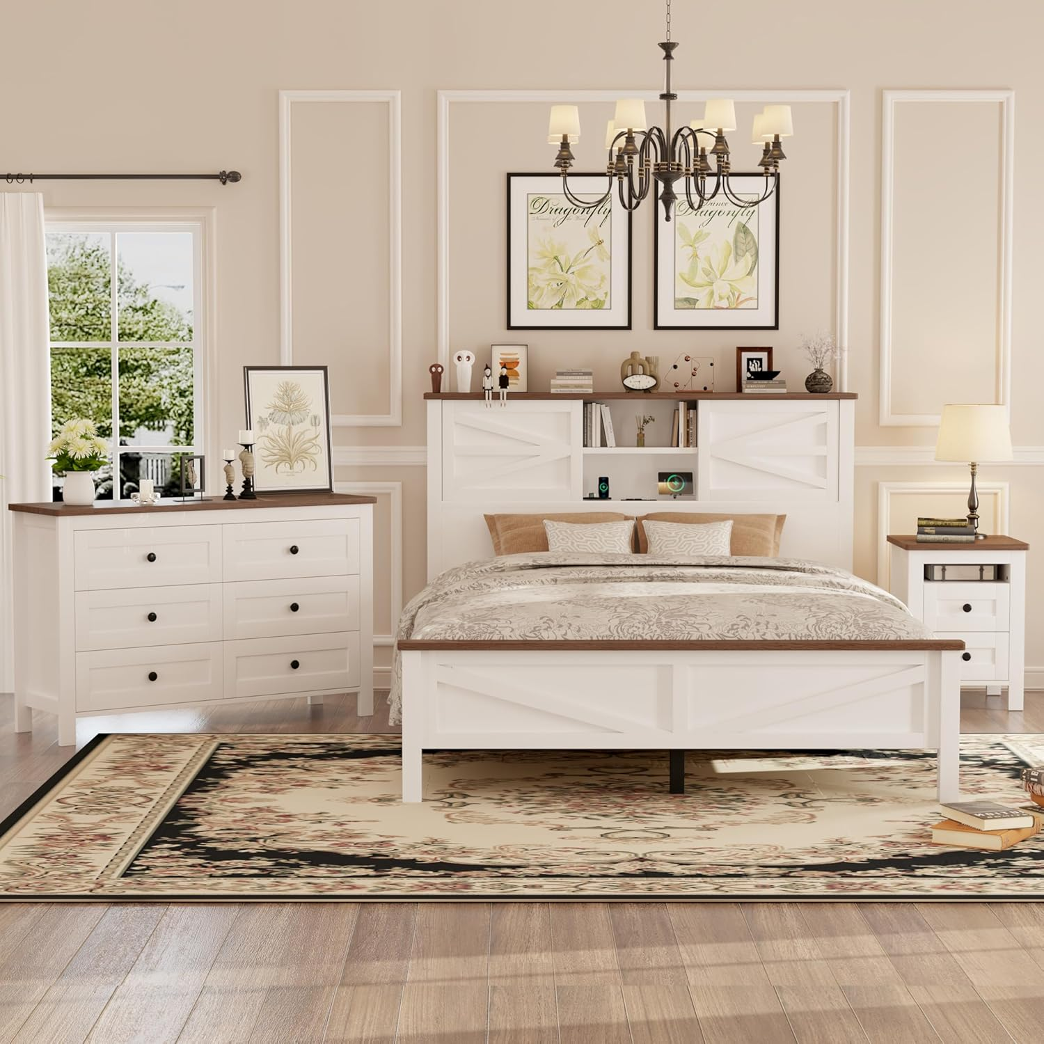 3-Pieces Bedroom Sets Queen Size Farmhouse Platform Bed with Double Sliding Door Storage Headboard, Storage Nightstand and Dresser, 3 Piece Bedroom Furniture Set Queen Size, White