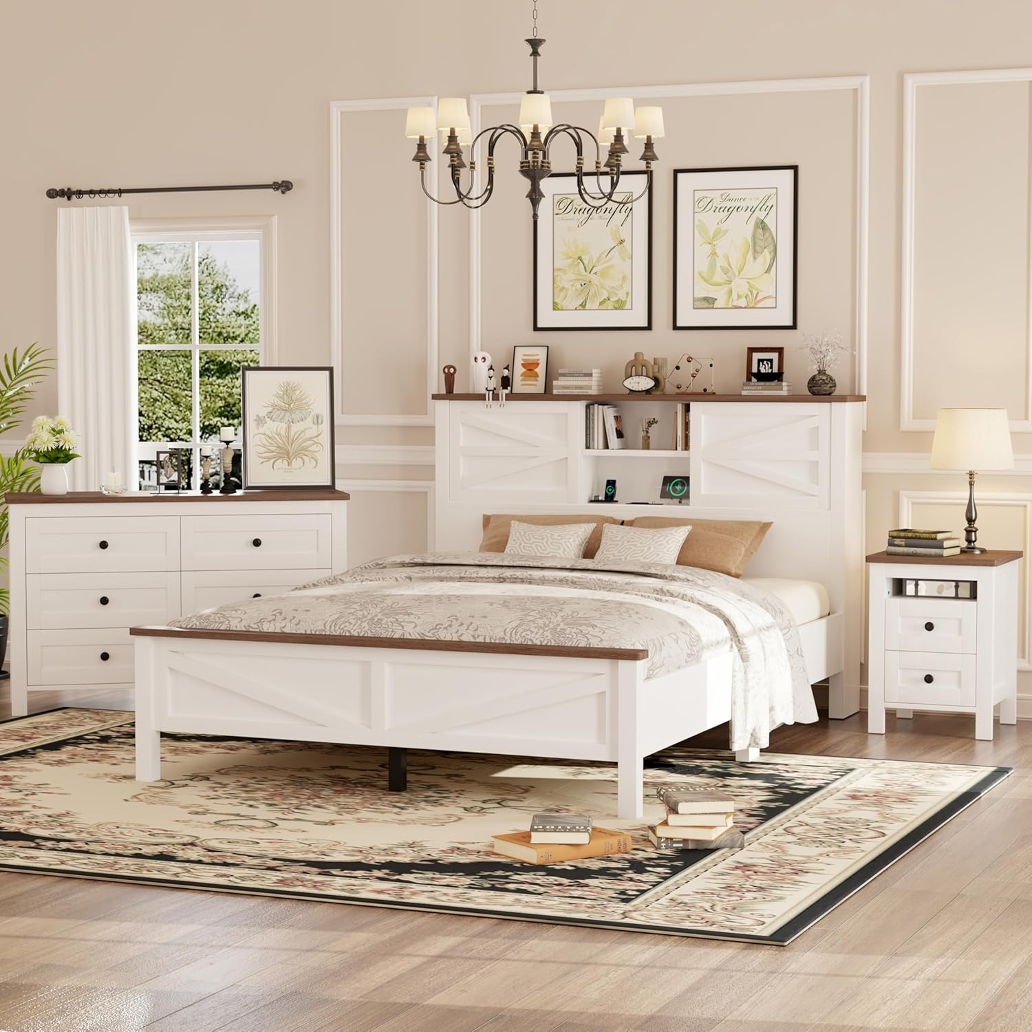 3-Pieces Bedroom Sets Queen Size Farmhouse Platform Bed with Double Sliding Door Storage Headboard, Storage Nightstand and Dresser, 3 Piece Bedroom Furniture Set Queen Size, White