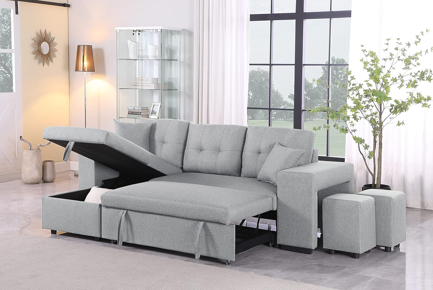 4-in-1 Convertible L Shaped Couch with Pull Out Bed and Storage, Sectional Sleeper Sofa with Reversible Chaise for Living Room, Apartment, Bedroom, Office