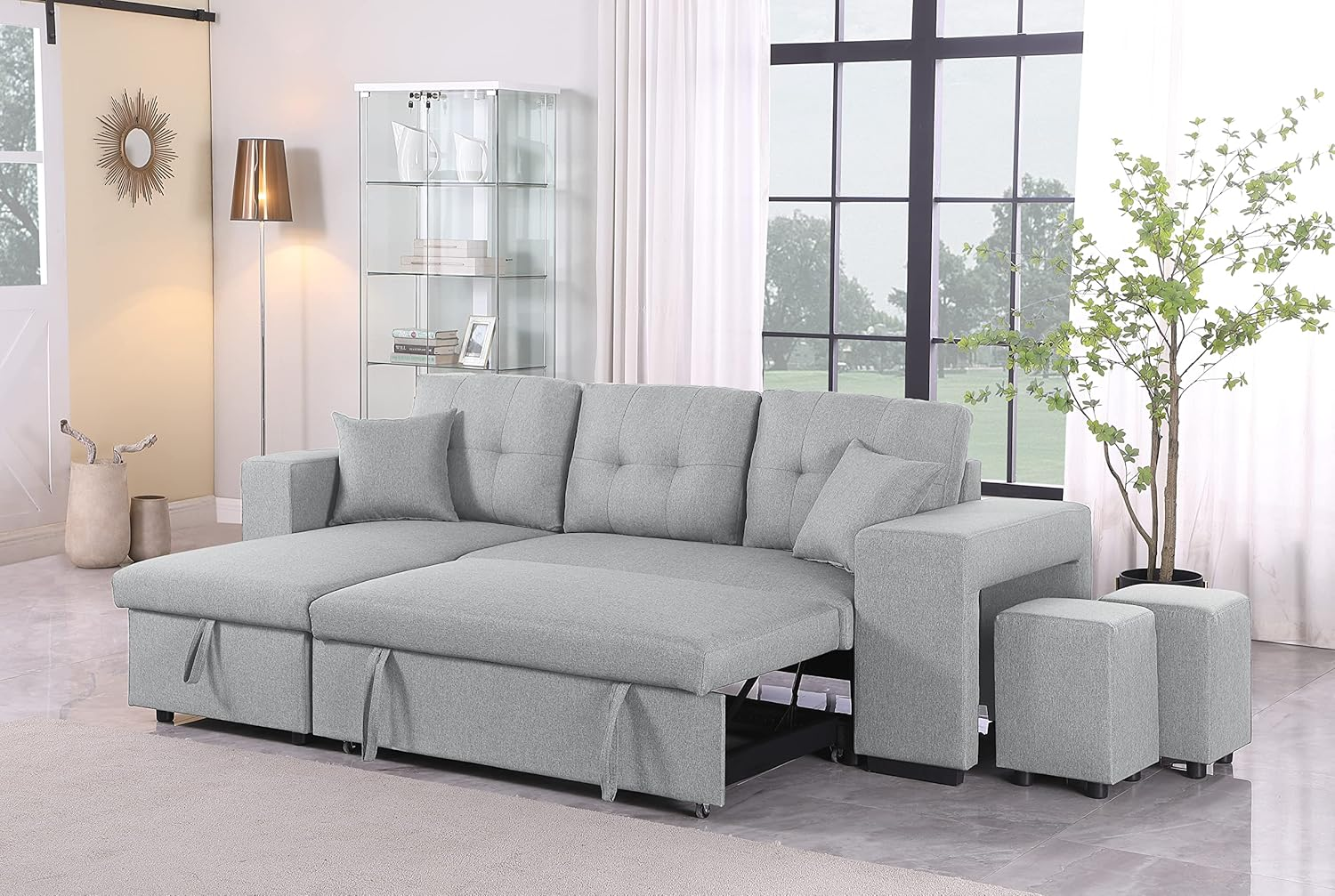 4-in-1 Convertible L Shaped Couch with Pull Out Bed and Storage, Sectional Sleeper Sofa with Reversible Chaise for Living Room, Apartment, Bedroom, Office