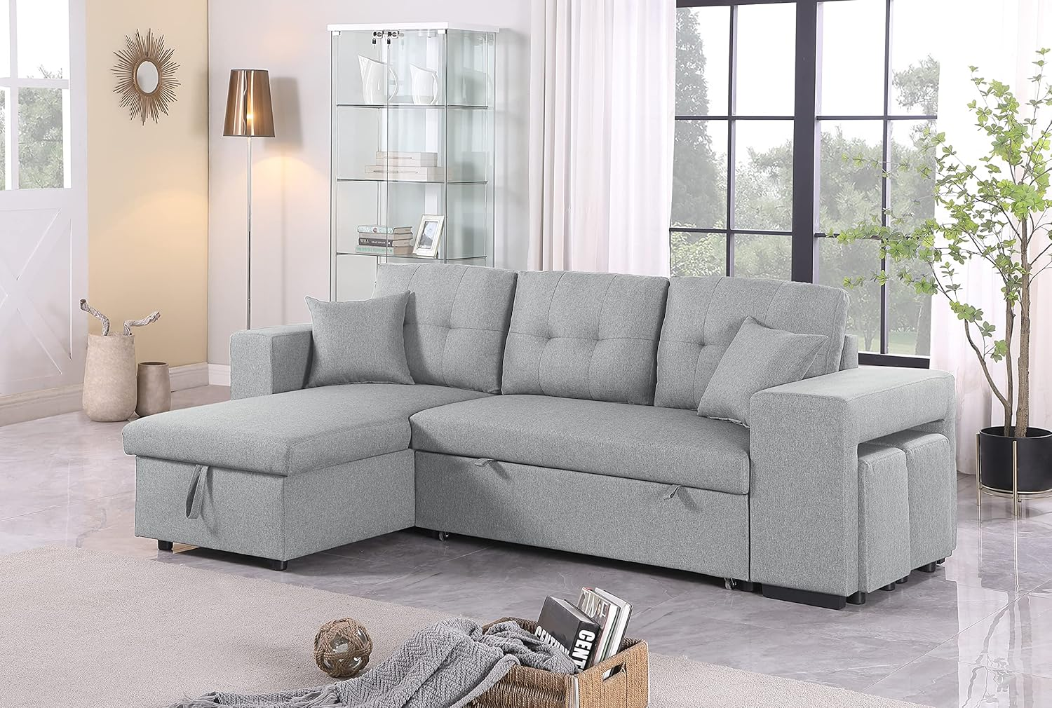 4-in-1 Convertible L Shaped Couch with Pull Out Bed and Storage, Sectional Sleeper Sofa with Reversible Chaise for Living Room, Apartment, Bedroom, Office