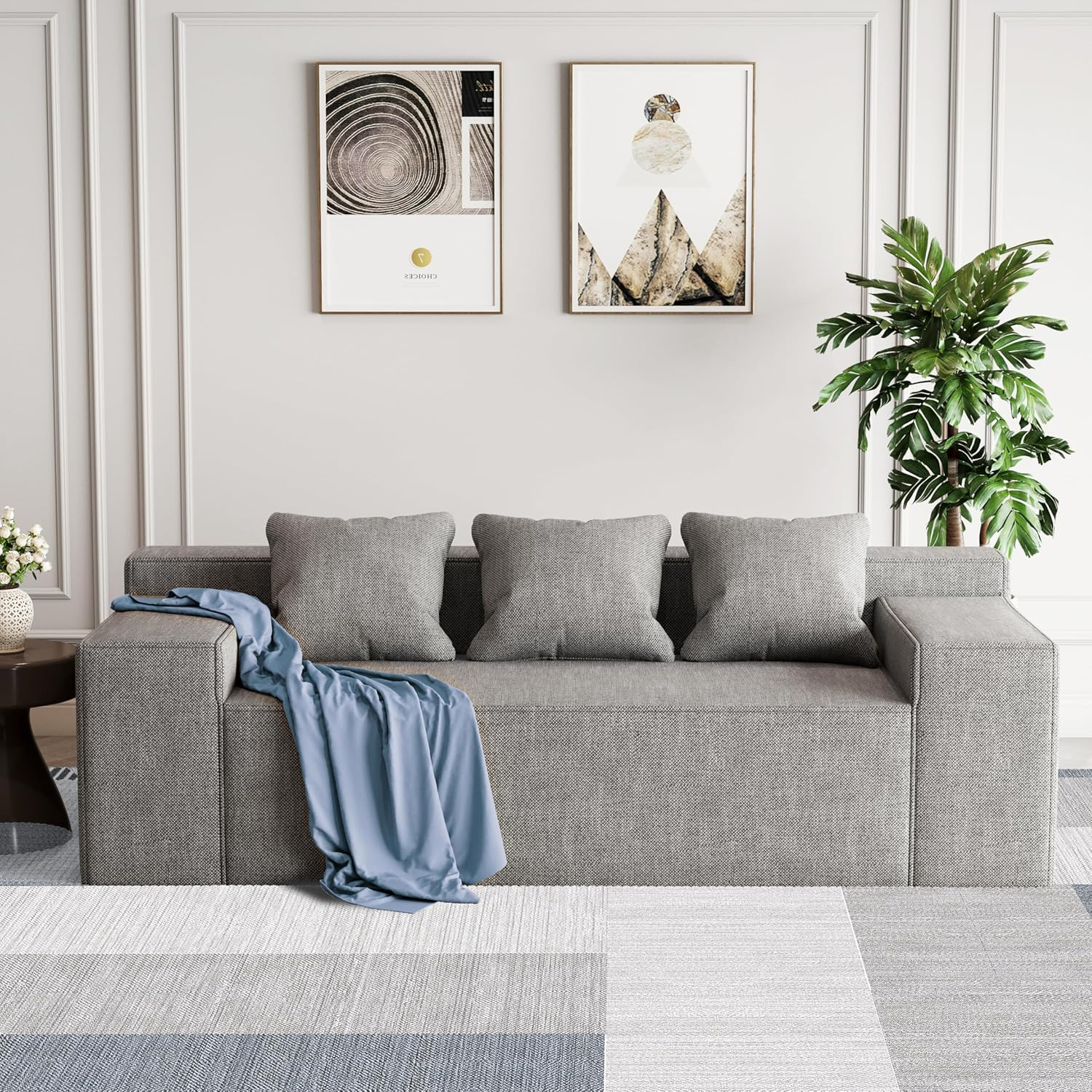 3-Seater Sofa, Hybrid Sofa in a Box, No Assembly Required, Comfy Sofa Couch with 3 Matching Pillows, Cat-Scratch Resistant Linen, Couch for Living Room or Bedroom, Grey