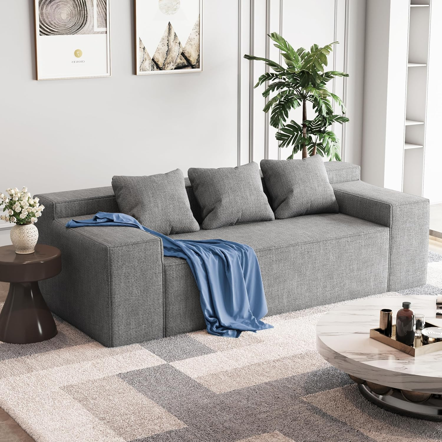 3-Seater Sofa, Hybrid Sofa in a Box, No Assembly Required, Comfy Sofa Couch with 3 Matching Pillows, Cat-Scratch Resistant Linen, Couch for Living Room or Bedroom, Grey