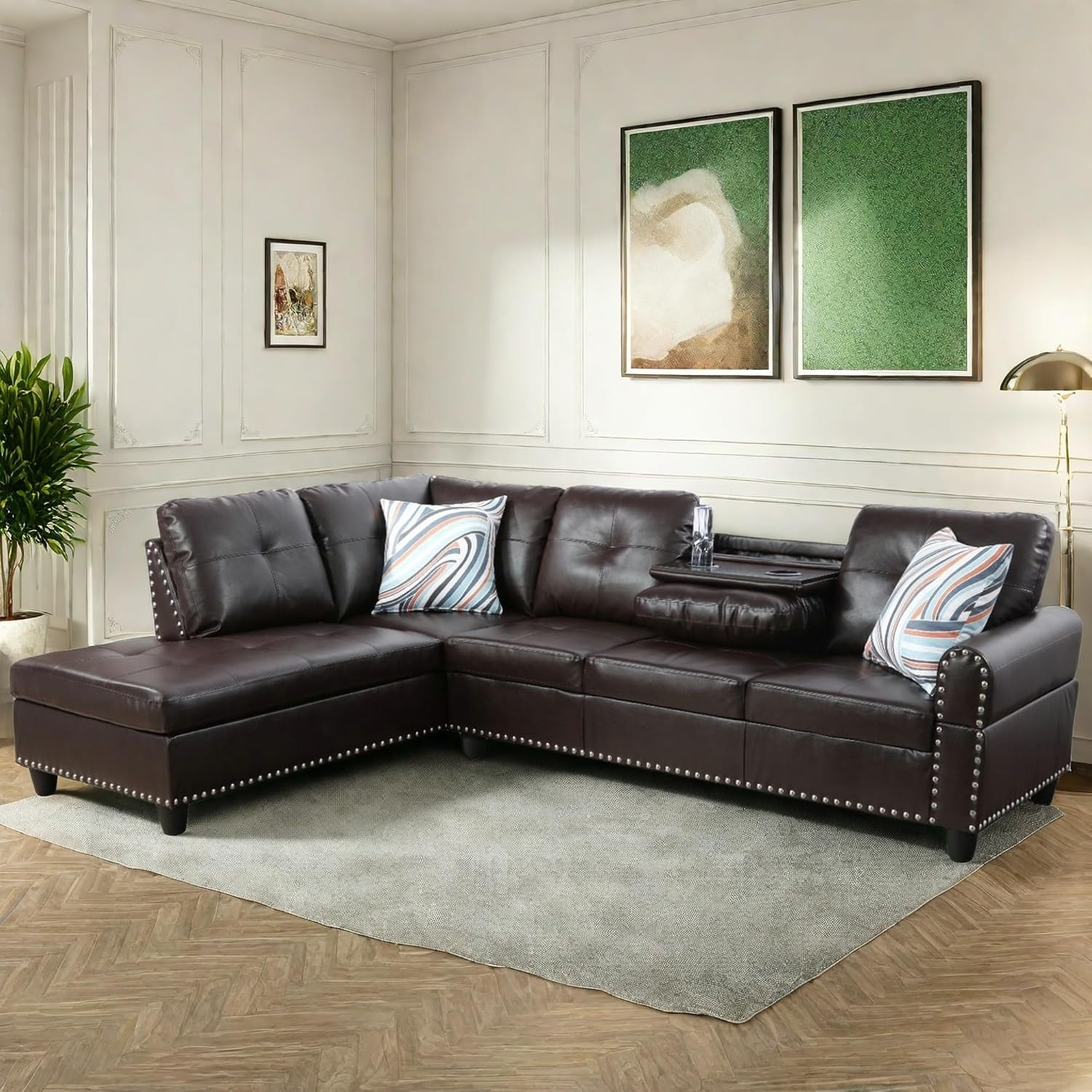 Leather Sectional Couch Sofa, Modern Nail-Head Design L Shaped Sectional Sofa for Living Room, 4 Seat L Couch with Cup Holder for Bedroom Apartment, Red