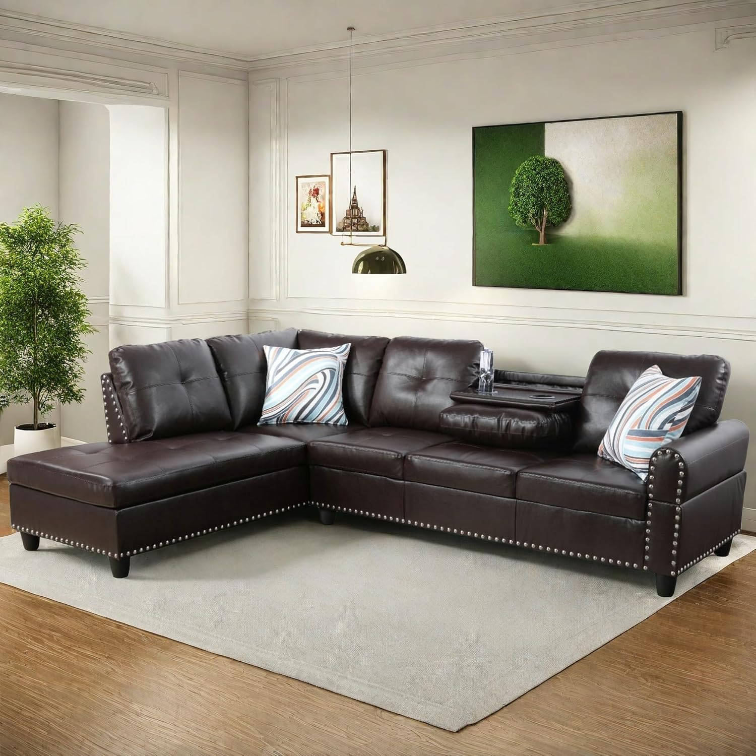 Leather Sectional Couch Sofa, Modern Nail-Head Design L Shaped Sectional Sofa for Living Room, 4 Seat L Couch with Cup Holder for Bedroom Apartment, Red