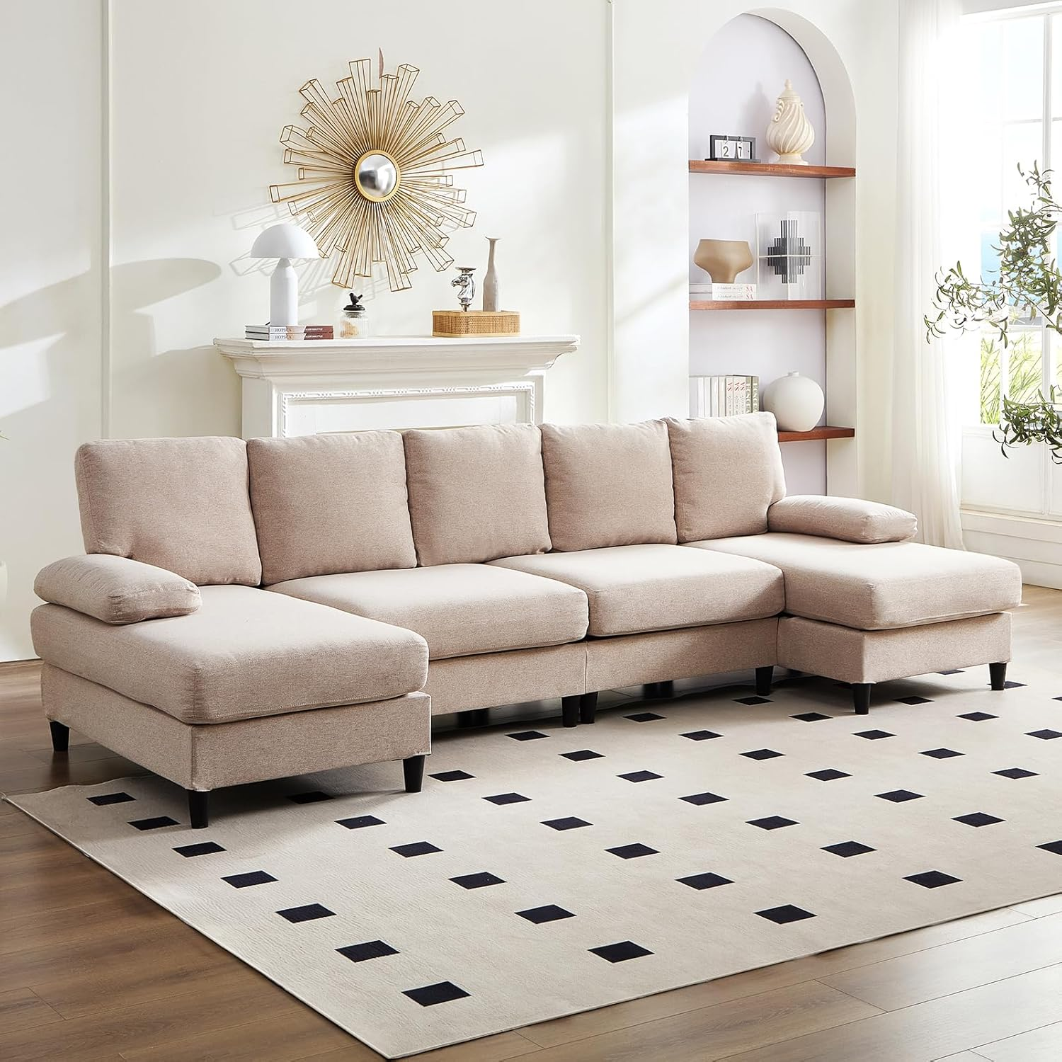 112" U-Shaped Sofa, Upholstered Sectional Couch with Double Chaises and Sleepable Armrests, Modern 4-Seat Couches with Soft Linen Fabric, Large U Shape Sectional Sofa Couch for Living Room