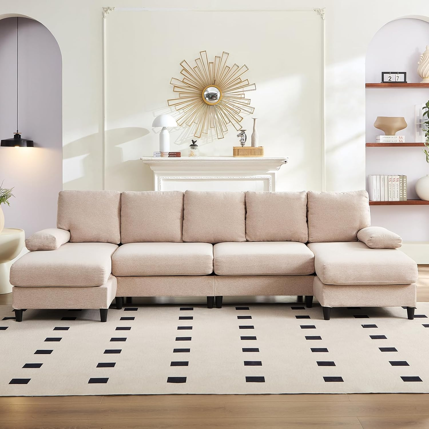 112" U-Shaped Sofa, Upholstered Sectional Couch with Double Chaises and Sleepable Armrests, Modern 4-Seat Couches with Soft Linen Fabric, Large U Shape Sectional Sofa Couch for Living Room