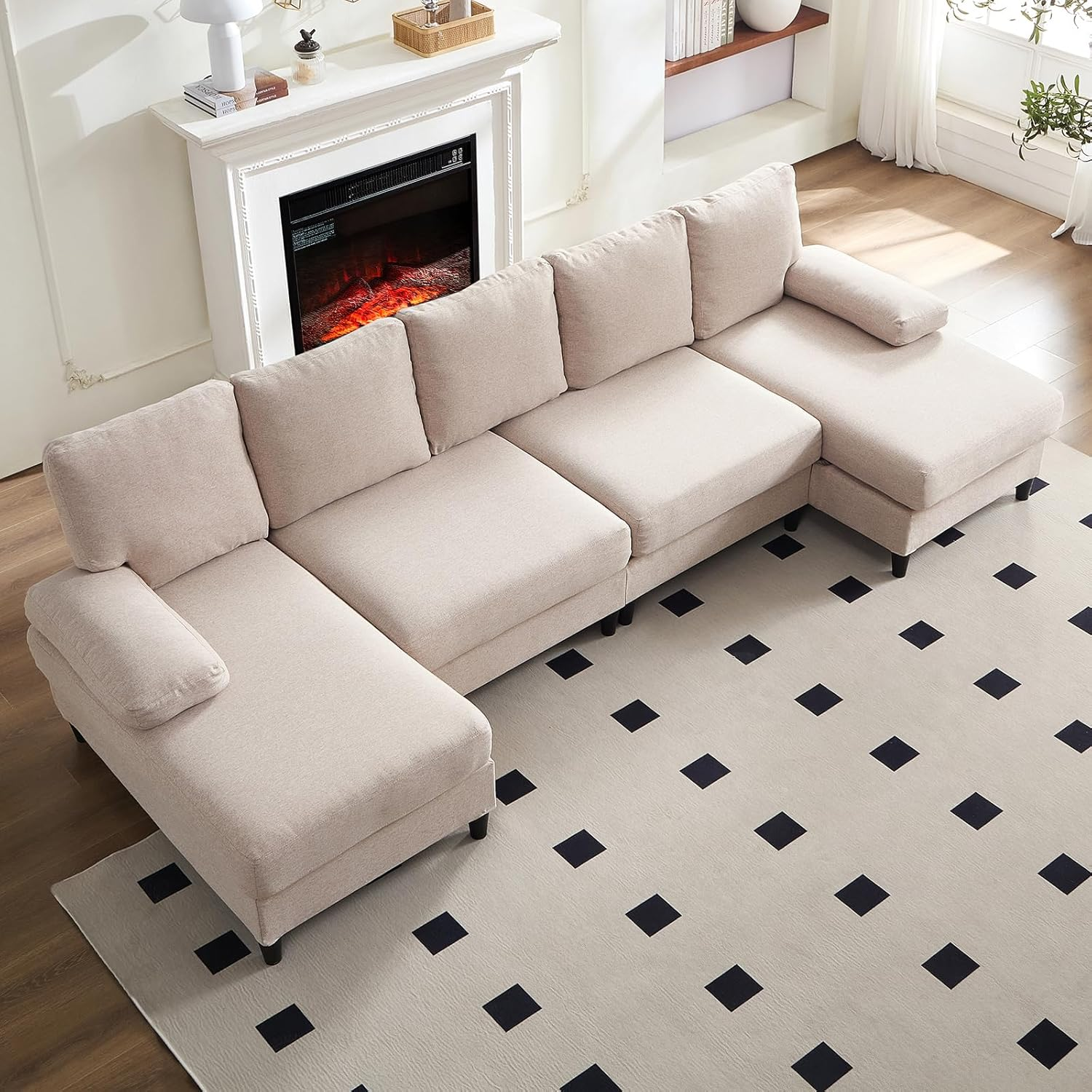 112" U-Shaped Sofa, Upholstered Sectional Couch with Double Chaises and Sleepable Armrests, Modern 4-Seat Couches with Soft Linen Fabric, Large U Shape Sectional Sofa Couch for Living Room