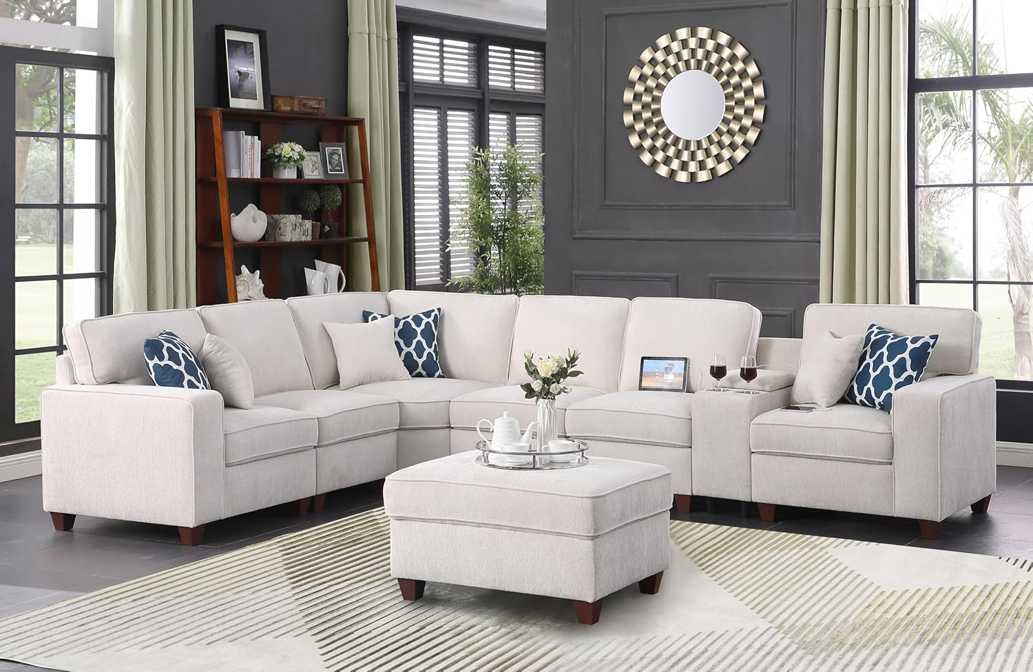 127" L-Shaped Sectional Couch with Movable Ottoman & 6 Throw Pillows,7 Seat Chenille Upholstered Sofa W/2 Cup Holder,USB Port & Hidden Storage Box