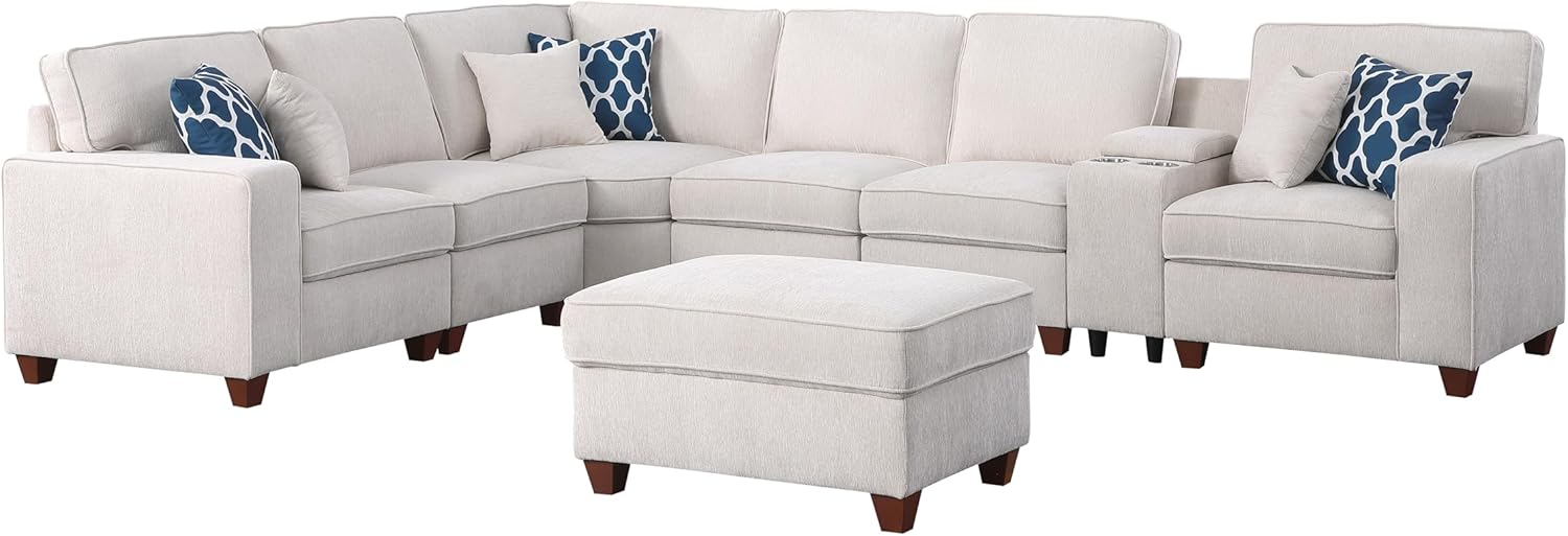 127" L-Shaped Sectional Couch with Movable Ottoman & 6 Throw Pillows,7 Seat Chenille Upholstered Sofa W/2 Cup Holder,USB Port & Hidden Storage Box