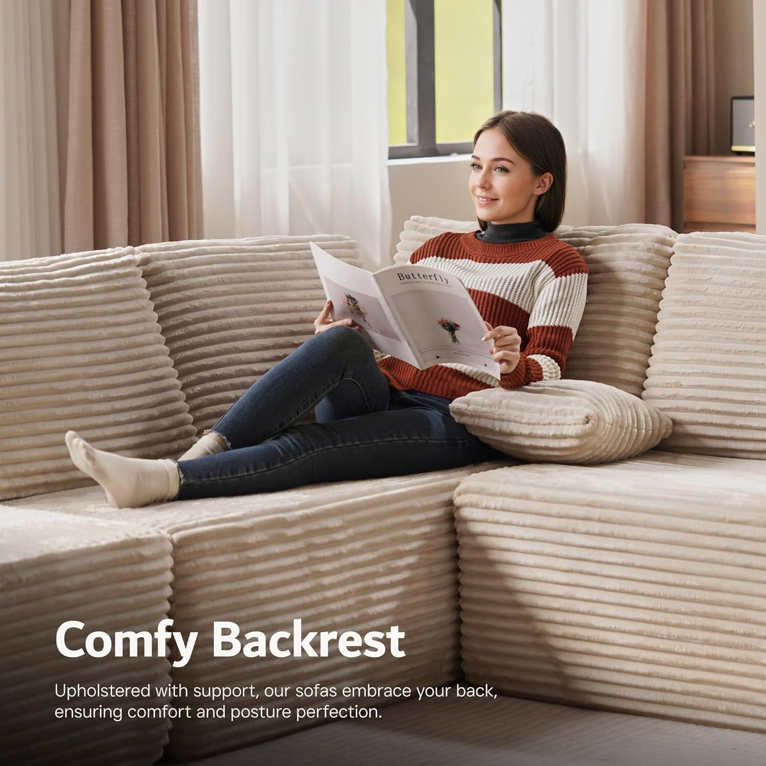 Sectional Cloud Couch for Living Room, Modular Floor Sofa with Plush Corduroy, No Assembly Required, Big Comfy Couches Set with Fluffy Memory Foam, Stupendous U Shaped Sofas with Chaise, Beige