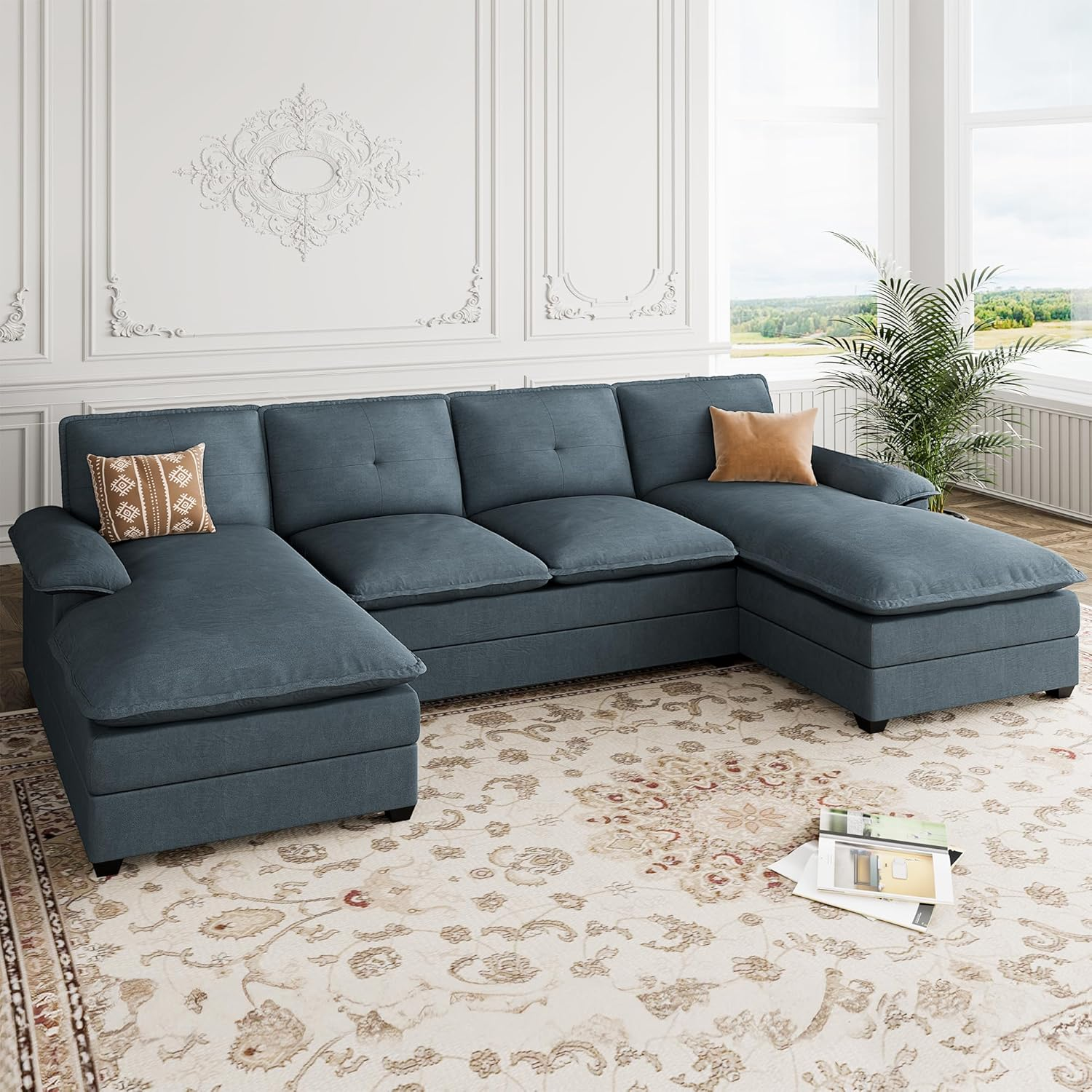 110" Sectional Sofa Couch, U-Shaped Modular Couch Sleeper with Thick Cushion & Soft Backrest, 4 Seat Sofa Couch with Double Chaise for Living Room