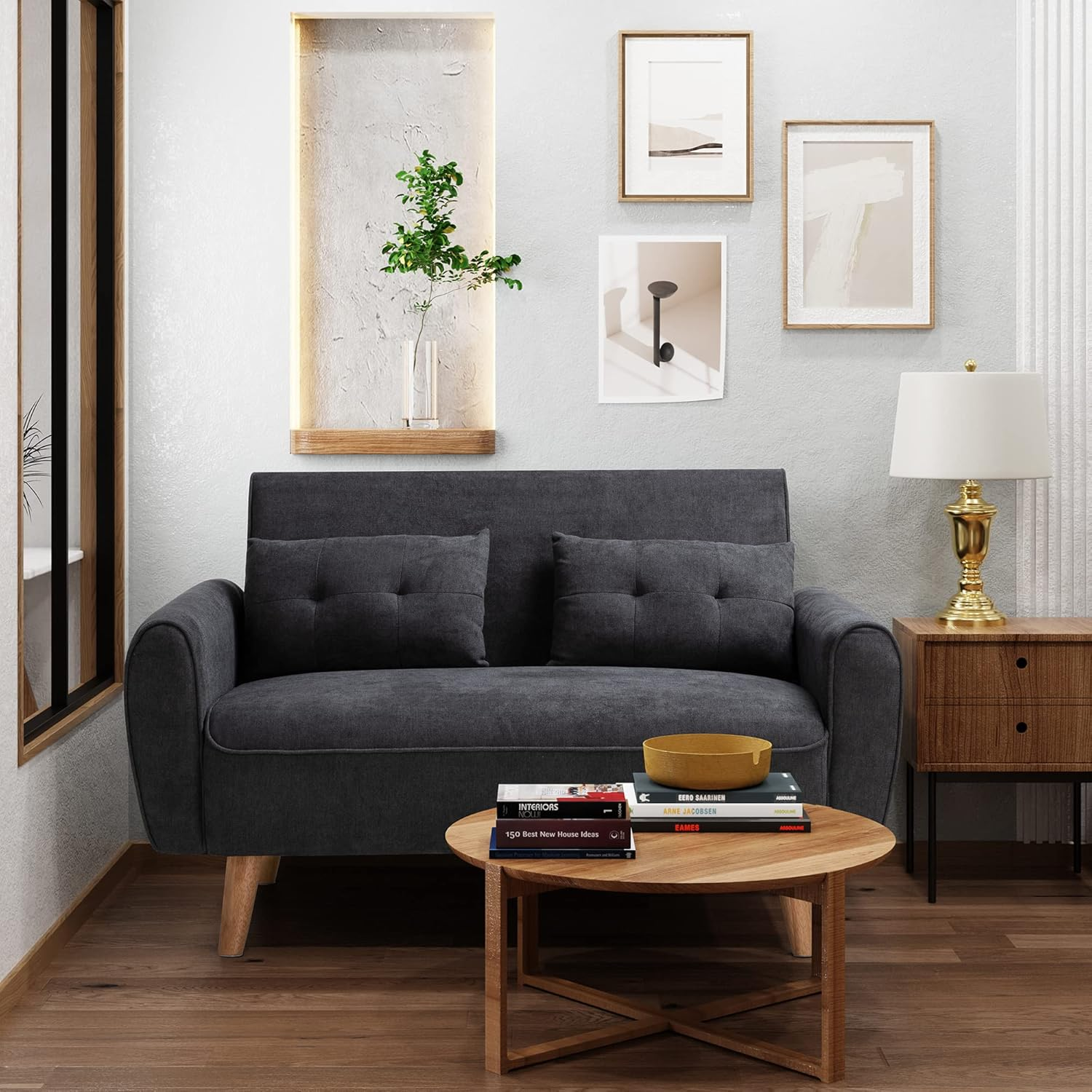 Small Modern Loveseat Couch Sofa, Mid Century Fabric Upholstered 2-Seat Sofa Couch Love Seats Furniture for Small Space,Living Room,Studio,Apartment with 2 Pillows,Black