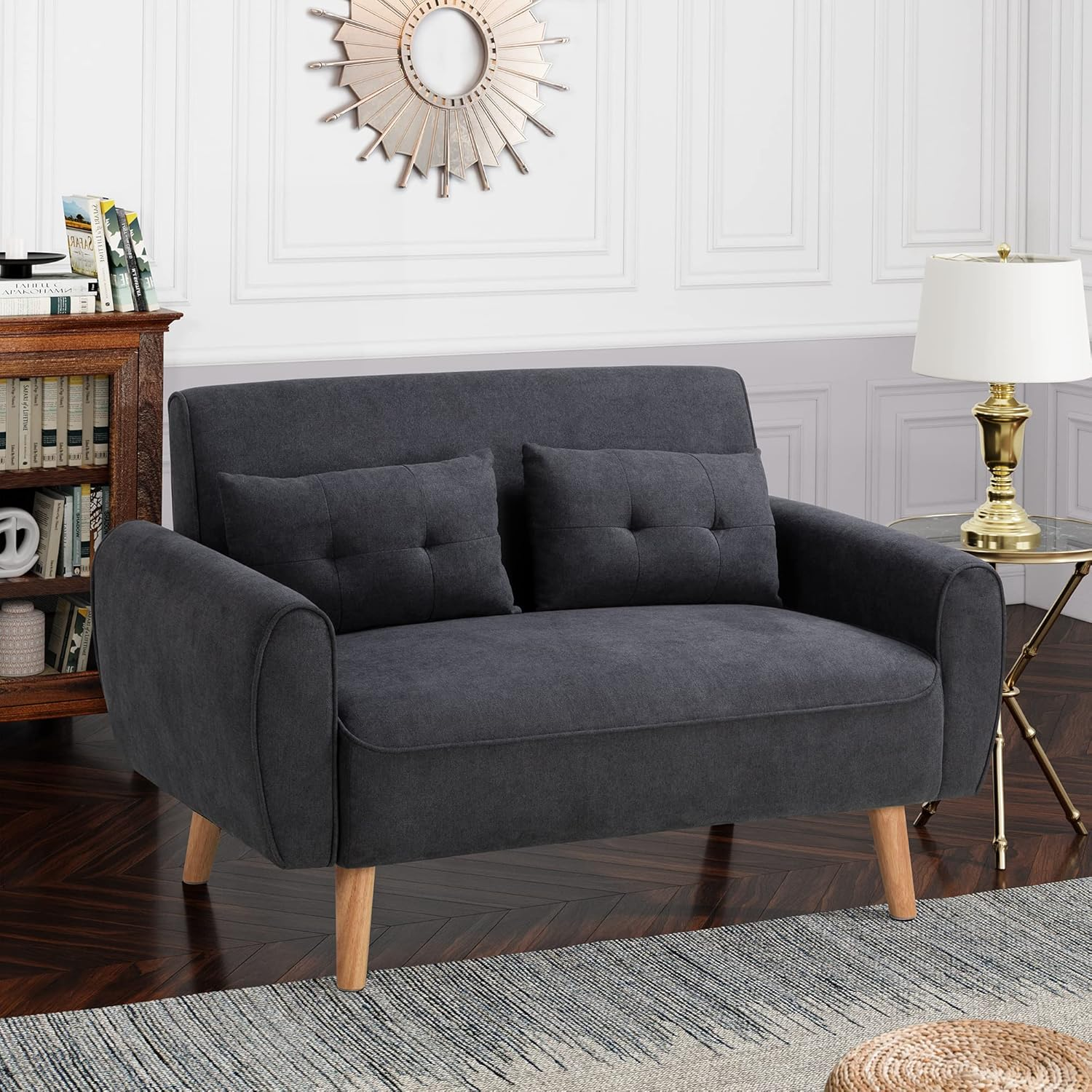 Small Modern Loveseat Couch Sofa, Mid Century Fabric Upholstered 2-Seat Sofa Couch Love Seats Furniture for Small Space,Living Room,Studio,Apartment with 2 Pillows,Black