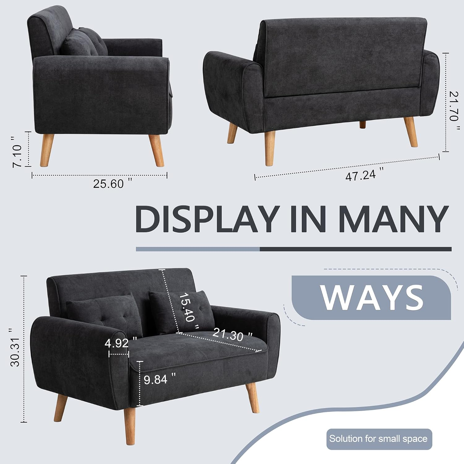 Small Modern Loveseat Couch Sofa, Mid Century Fabric Upholstered 2-Seat Sofa Couch Love Seats Furniture for Small Space,Living Room,Studio,Apartment with 2 Pillows,Black