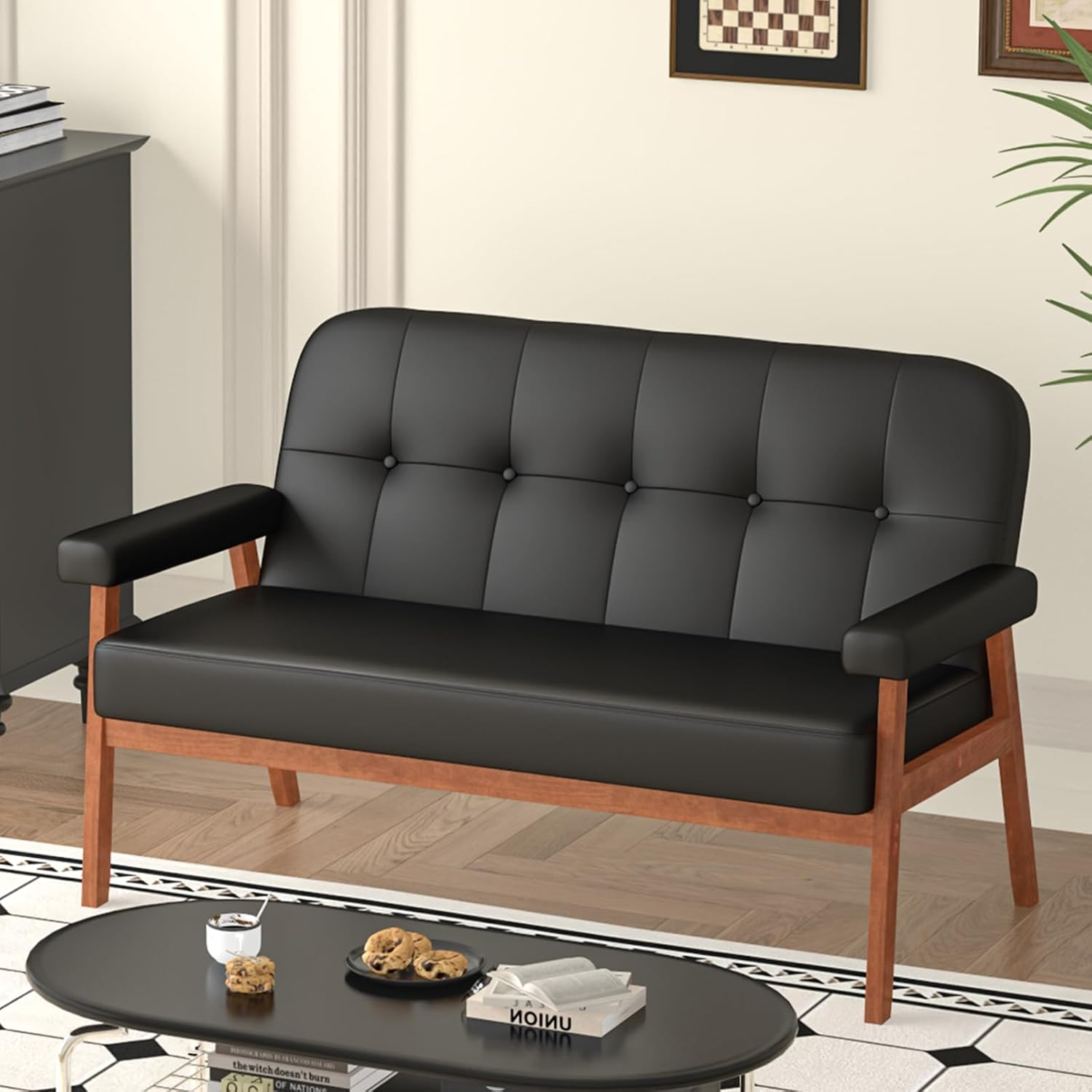 50” Black Leather Love Seat Sofa Couch, Mid Century Modern Small Office Loveseat Couch with Wood Arms, Two Seater Couches for Small Spaces, Living Room, Waiting Room, Bedroom (Black)