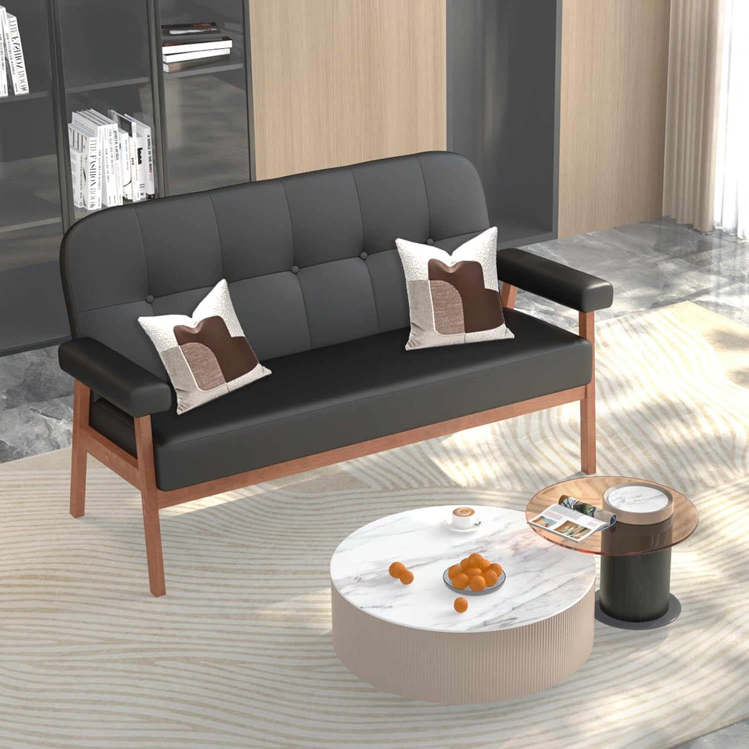 50” Black Leather Love Seat Sofa Couch, Mid Century Modern Small Office Loveseat Couch with Wood Arms, Two Seater Couches for Small Spaces, Living Room, Waiting Room, Bedroom (Black)