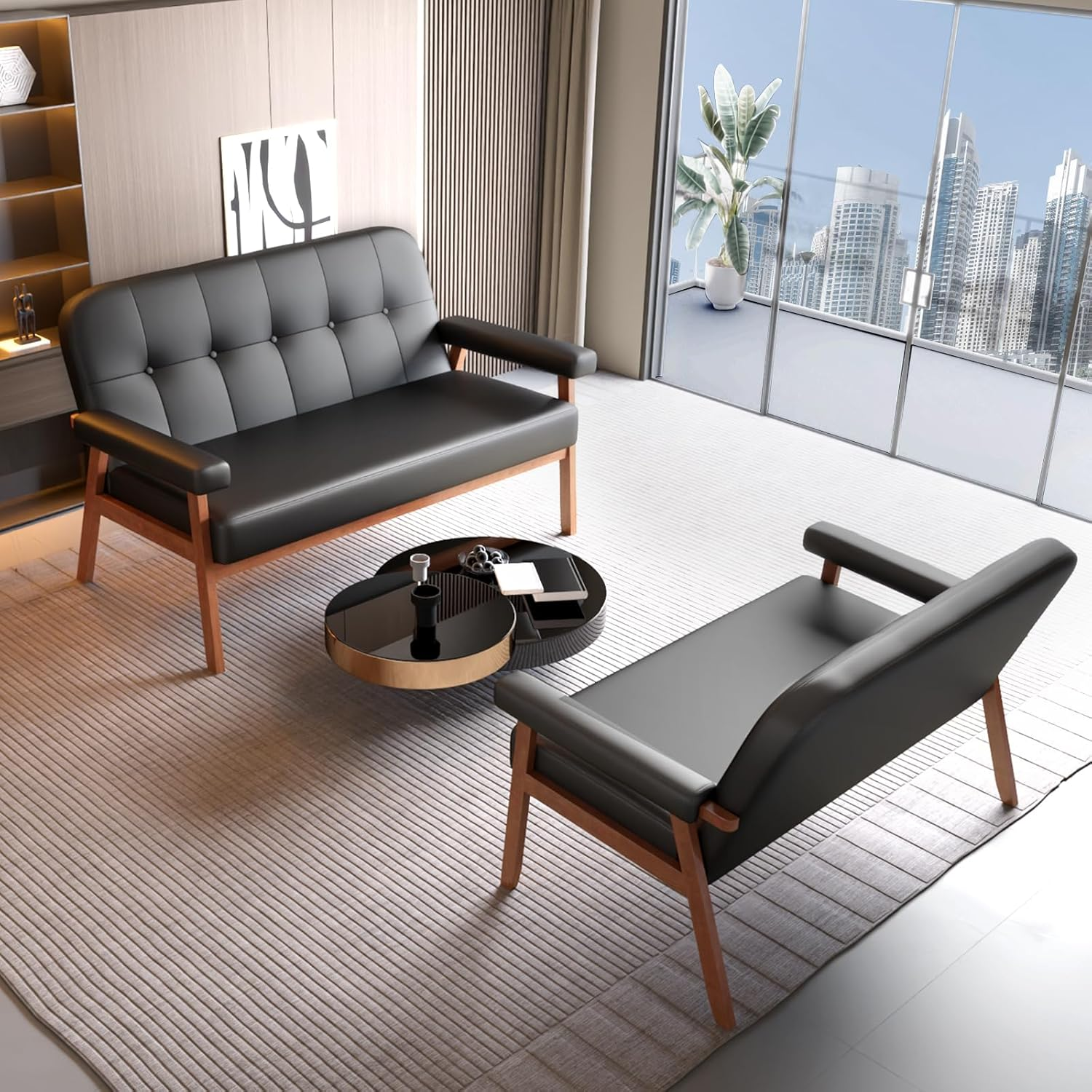 50” Black Leather Love Seat Sofa Couch, Mid Century Modern Small Office Loveseat Couch with Wood Arms, Two Seater Couches for Small Spaces, Living Room, Waiting Room, Bedroom (Black)