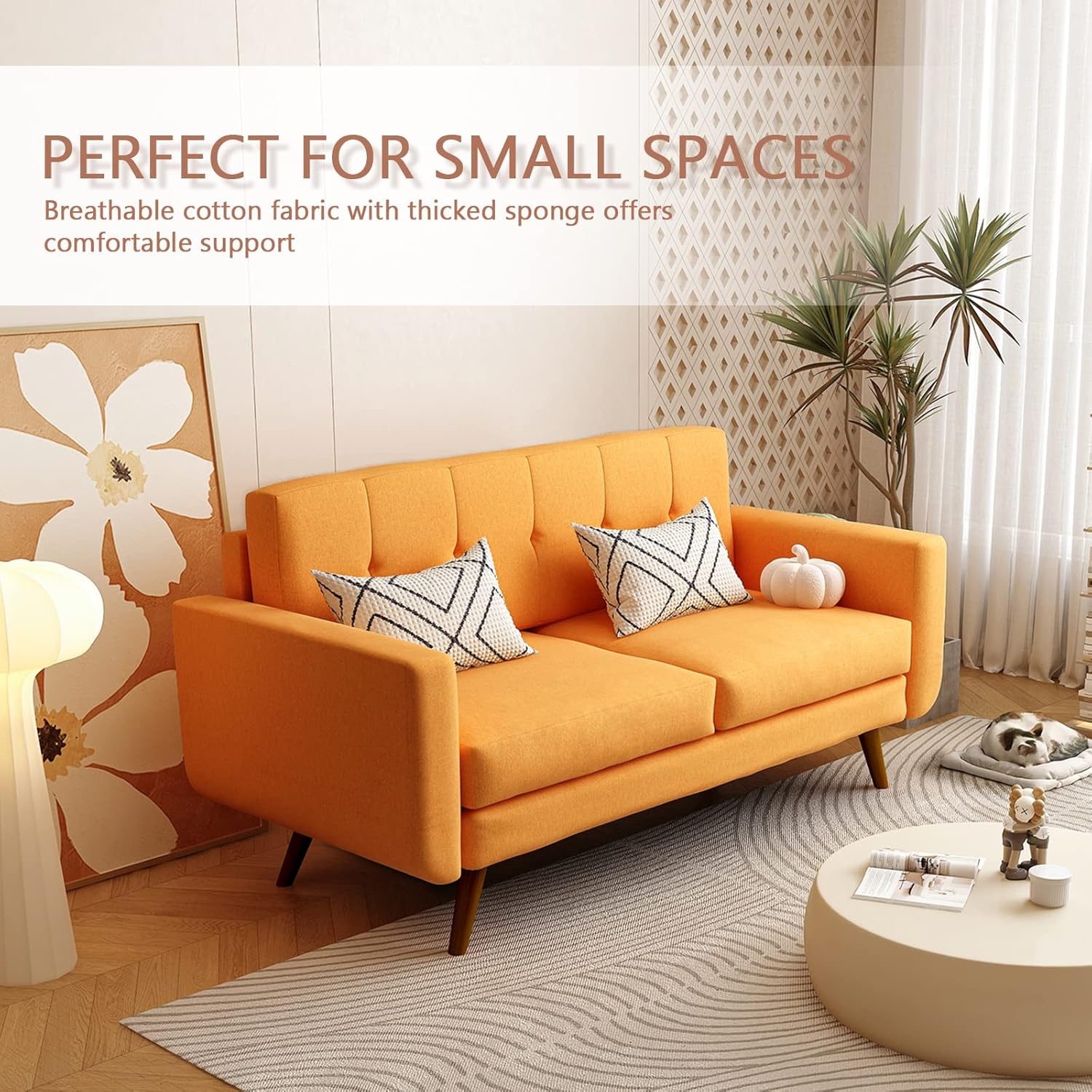 65" W Linen loveseat Sofa, Easy to Assemble, Modern Furniture with Thickened Cushion, Perfect Couch for Living Room, Office, Bedroom (Orange)