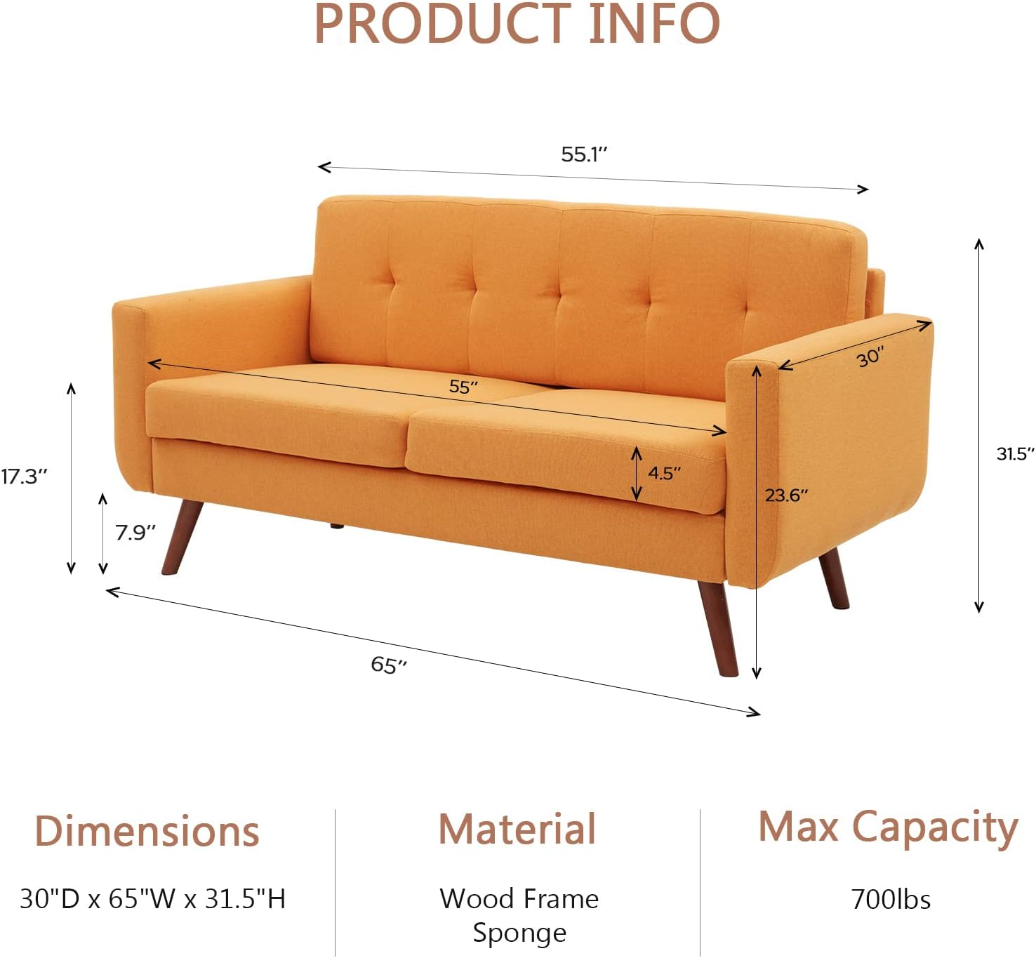 65" W Linen loveseat Sofa, Easy to Assemble, Modern Furniture with Thickened Cushion, Perfect Couch for Living Room, Office, Bedroom (Orange)