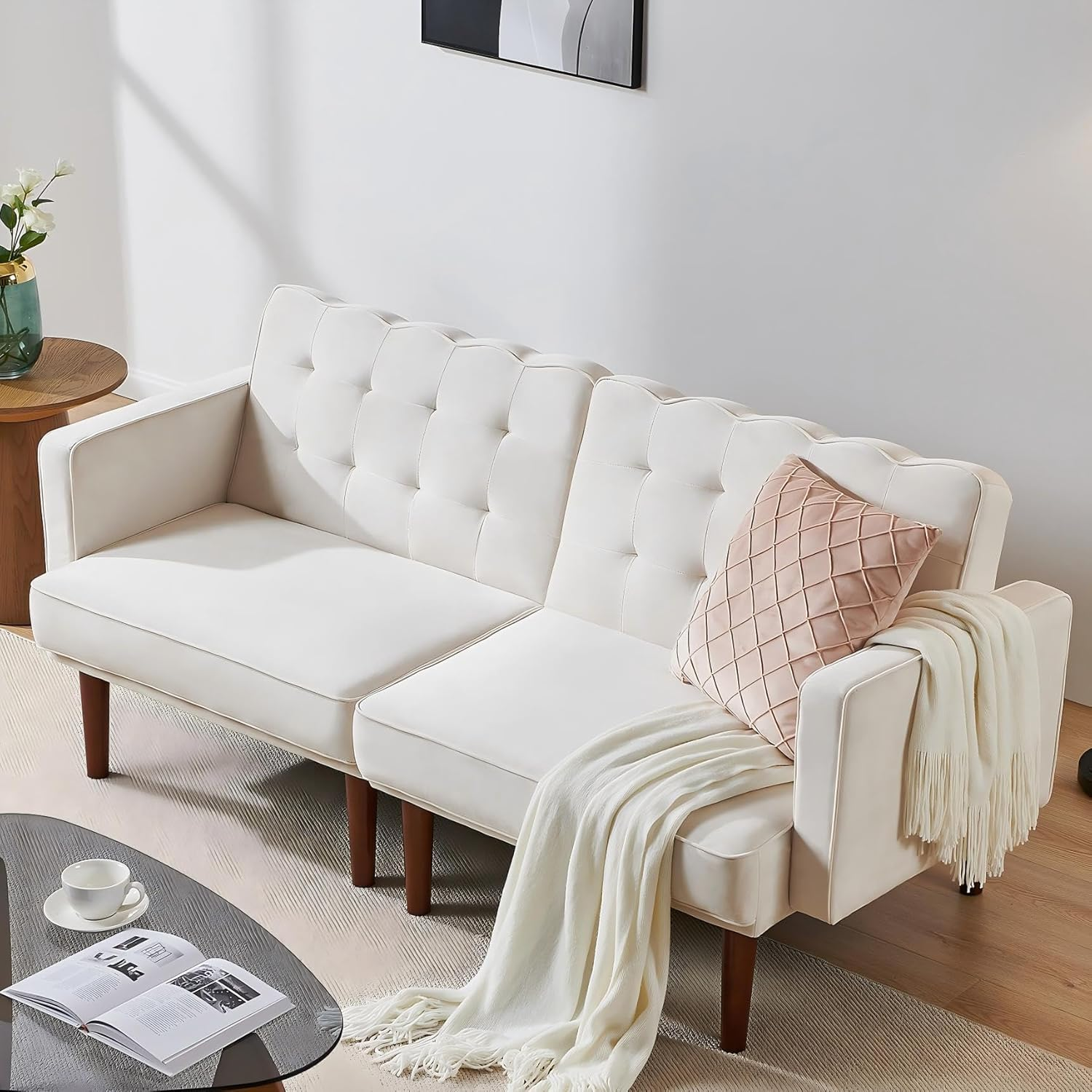 71" Fabric Sleeper Sofa, Mid Century Sofa Cama Moderno, Convertible Sofa Bed Couch with Adjustable Backrest, Versatile Loveseat Small Sofa for Living Room,Dorm, Velvet Beige
