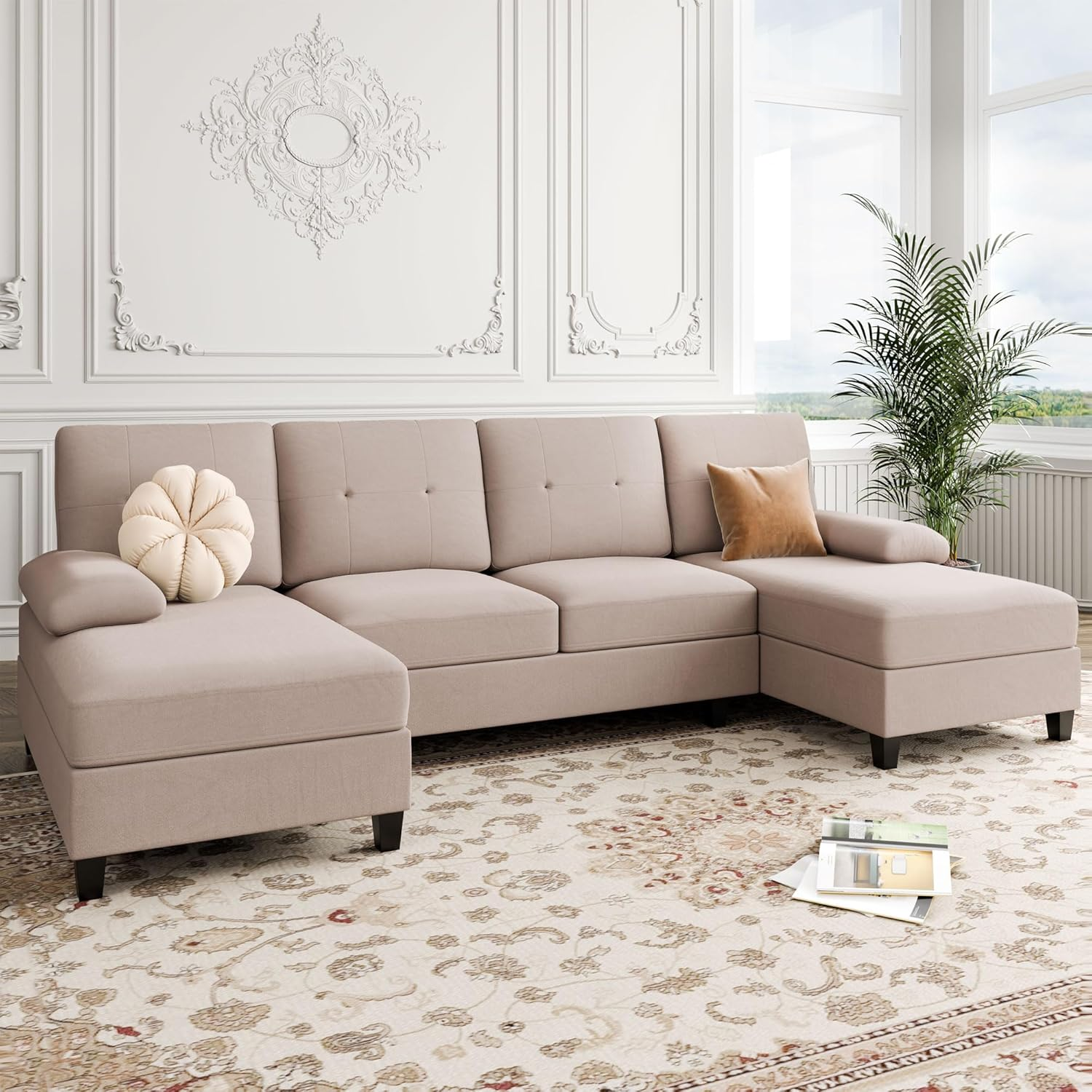 U-Shaped Sectional Sofa with Double Chaise, 4-Seat Linen Fabric Living Room Furniture Set, High-Density Cushions for Ultimate Comfort & Modern Style, Beige