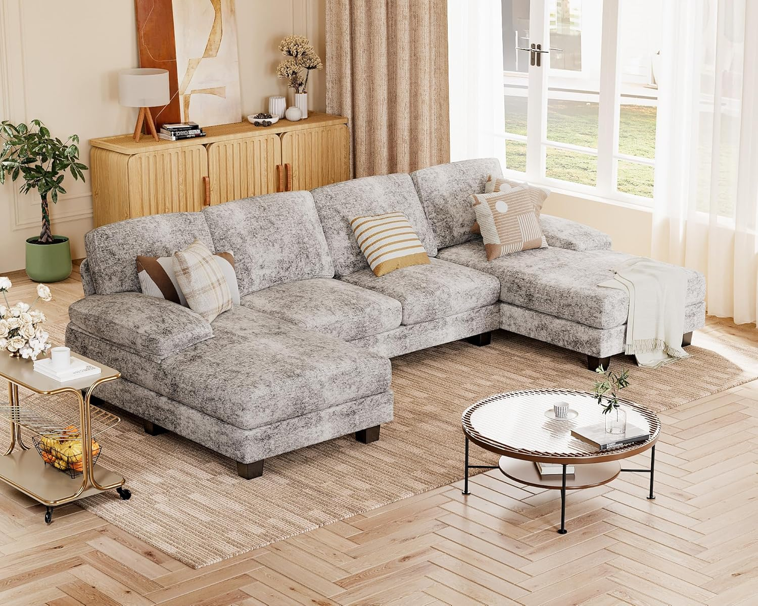 Sectional Couches for Living Room, U Shaped Couch with Chenille Fabric, 4 Seat Modern Sofa with Removable Pillows for Apartment and Small Space (Fabric, Grey)