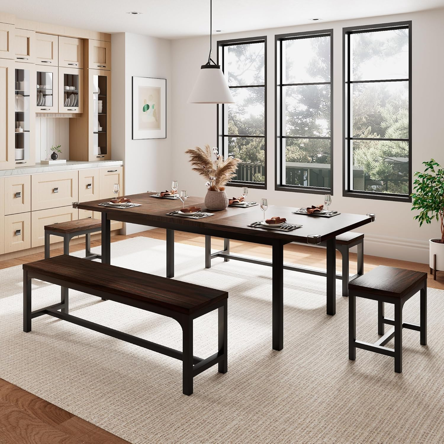 5 Pieces Dining Room Table Set for 4-6, 63' Extendable Kitchen Table Set with 2 Benches & 2 Stools, Small Dining Table Set with Metal Frame & MDF Board, Espresso