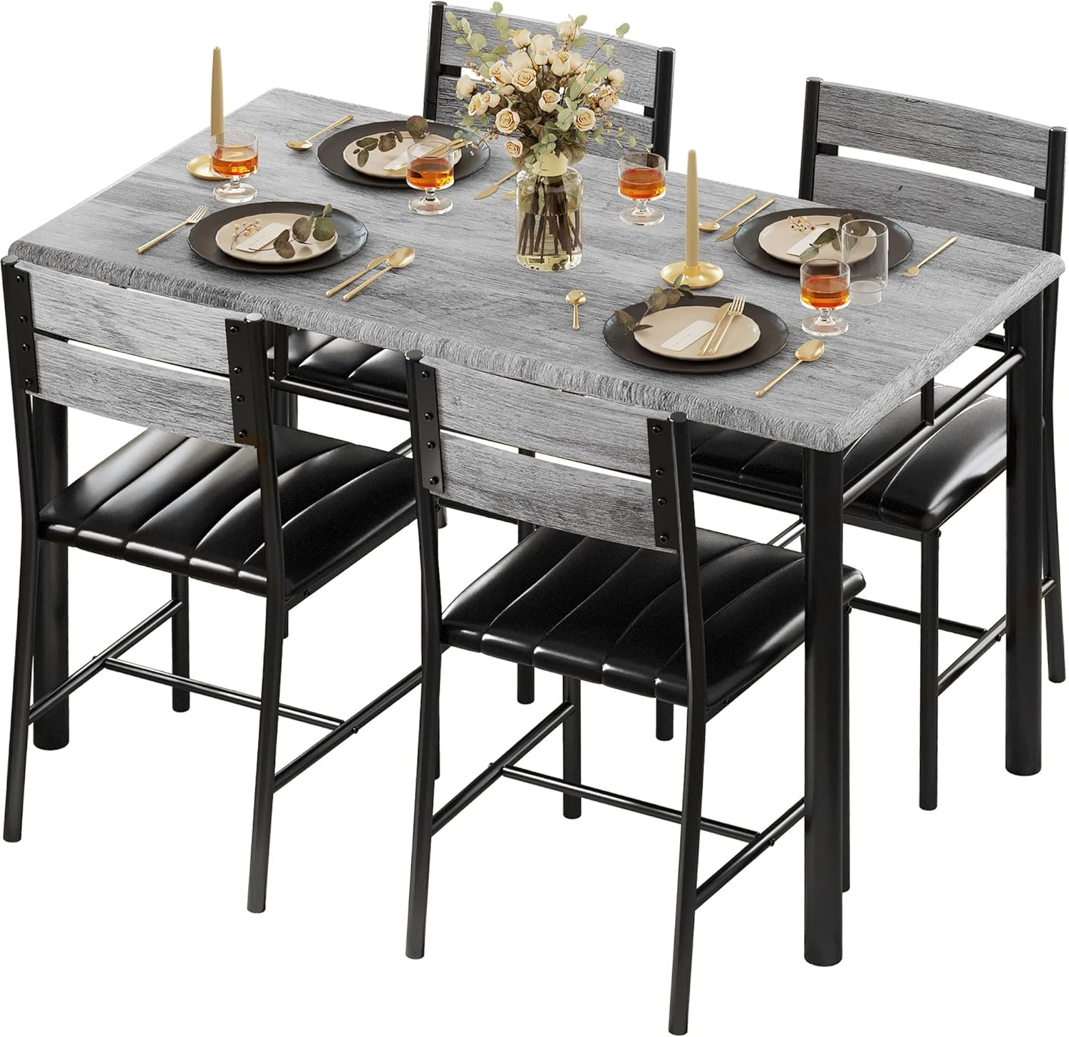 Dining Table Set for 4, Wood Kitchen Table with Upholstered Chairs Dinning Table Set for Kitchen & Dining Room, Compact Dining Set for Small Spaces, Gray