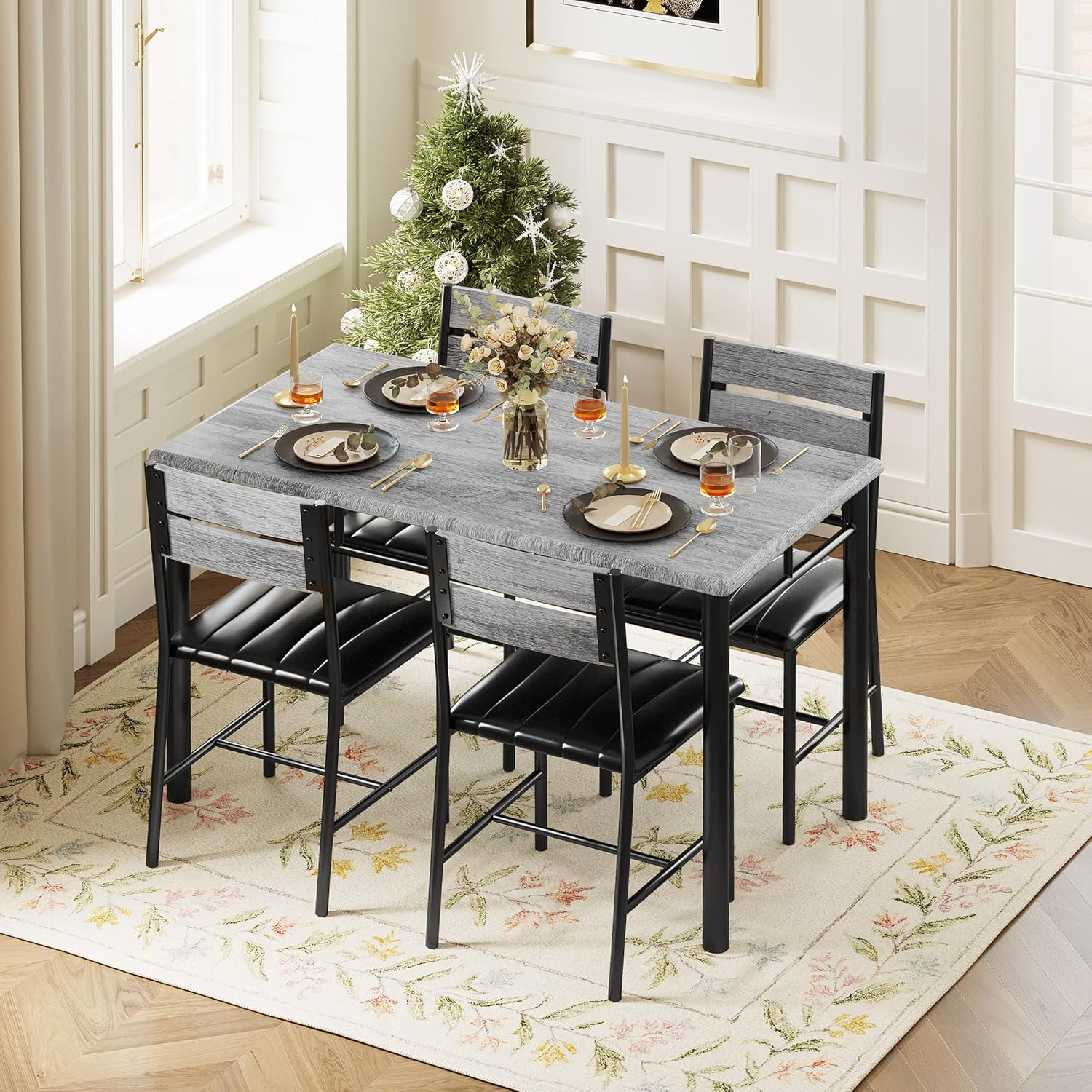 Dining Table Set for 4, Wood Kitchen Table with Upholstered Chairs Dinning Table Set for Kitchen & Dining Room, Compact Dining Set for Small Spaces, Gray