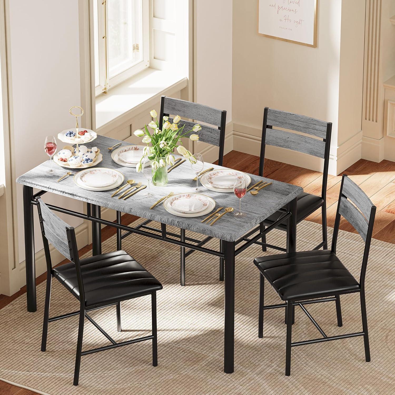 Dining Table Set for 4, Wood Kitchen Table with Upholstered Chairs Dinning Table Set for Kitchen & Dining Room, Compact Dining Set for Small Spaces, Gray