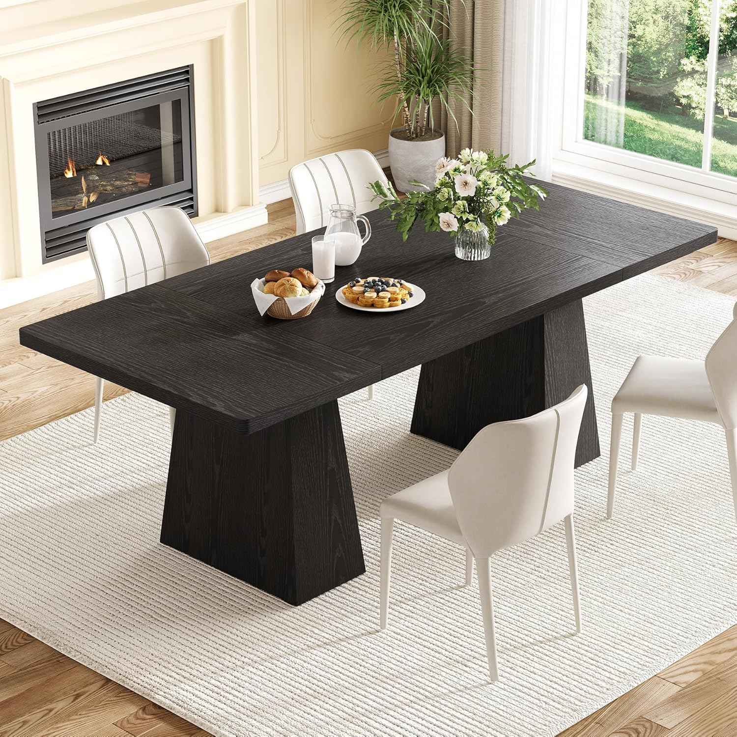 Dining Table for 6 People, Wooden Table, Rectangle Furniture with Heavy Duty Legs, Modern Kitchen Table for Home, Dining Room, Black