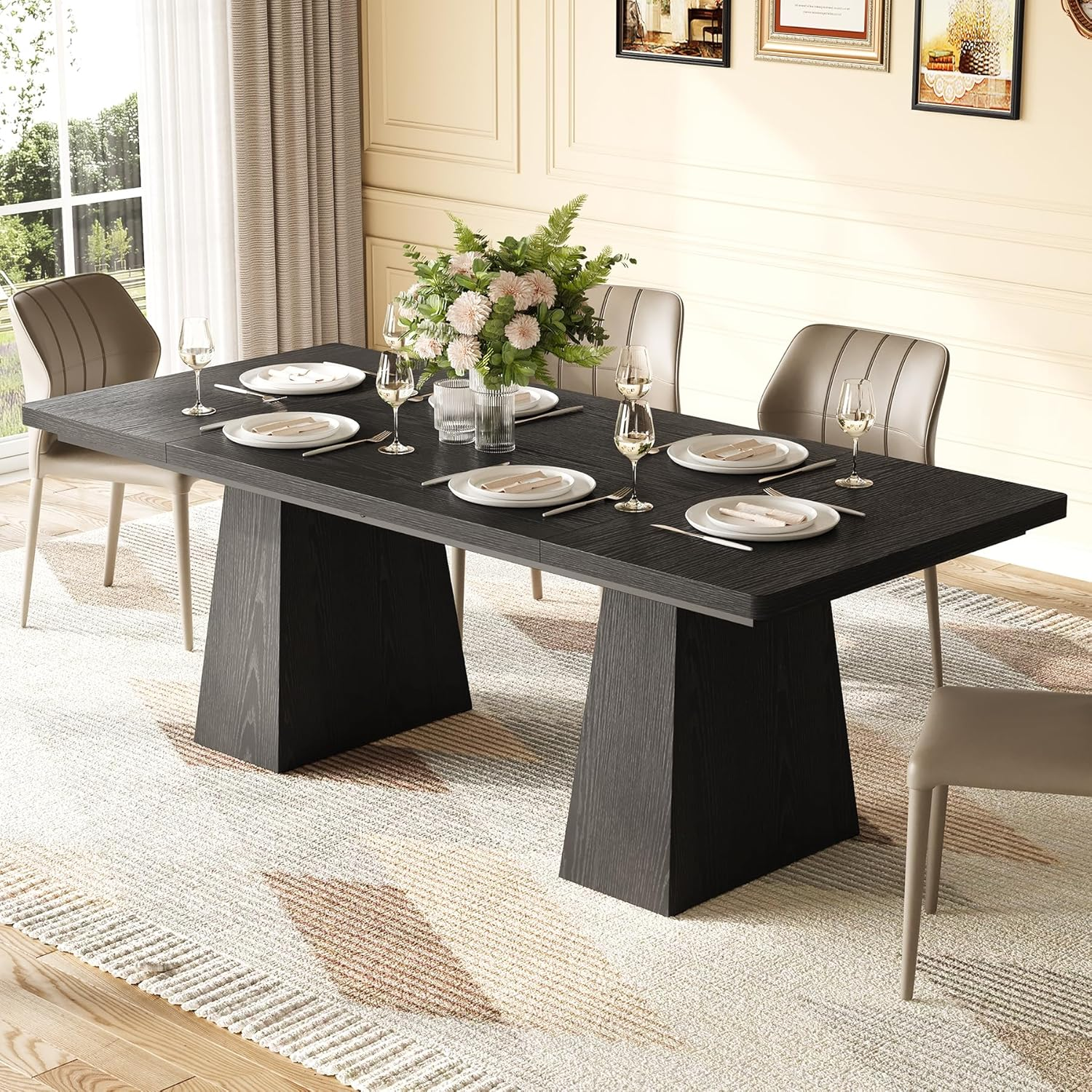 Dining Table for 6 People, Wooden Table, Rectangle Furniture with Heavy Duty Legs, Modern Kitchen Table for Home, Dining Room, Black