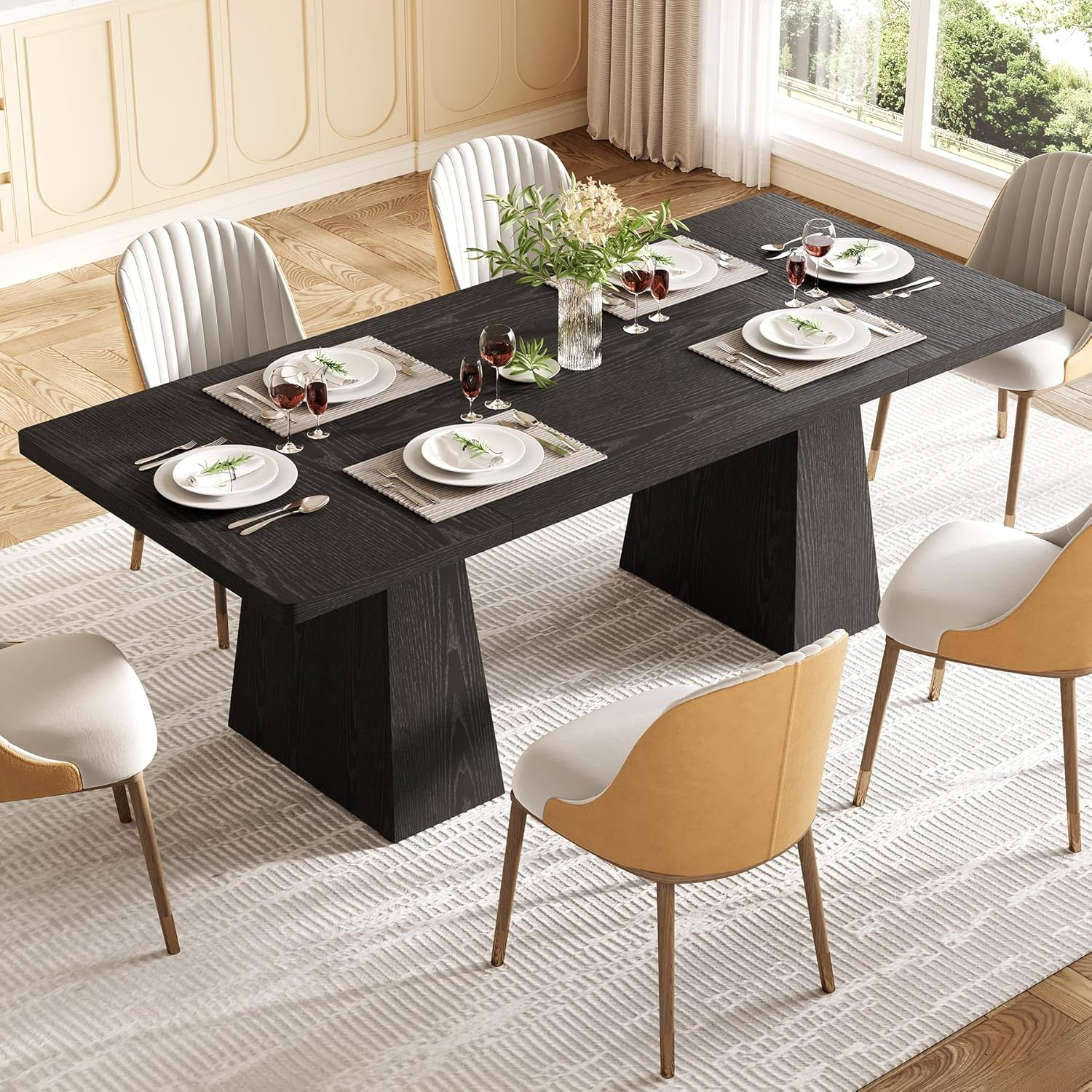 Dining Table for 6 People, Wooden Table, Rectangle Furniture with Heavy Duty Legs, Modern Kitchen Table for Home, Dining Room, Black