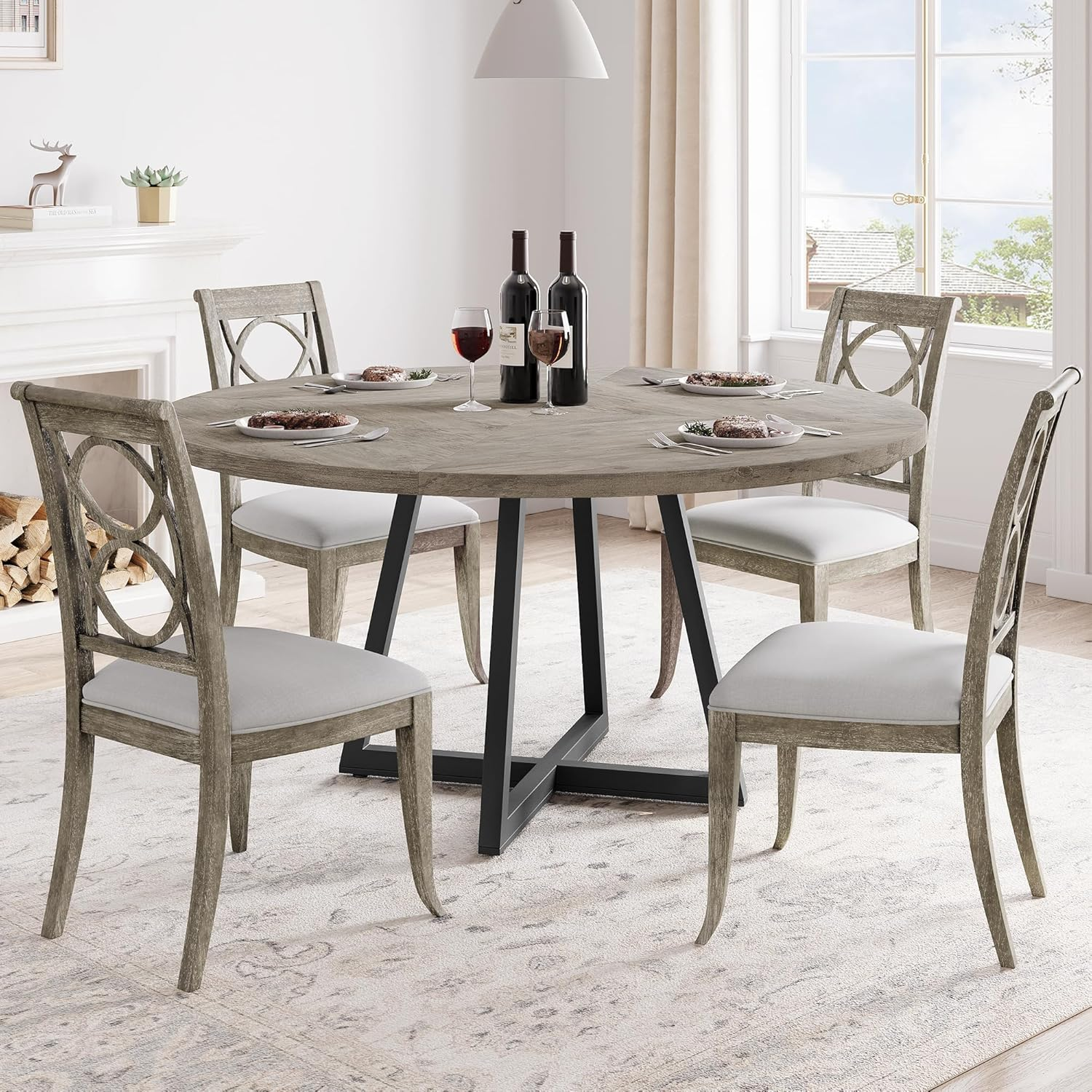 Round Dining Table, 47 Inch Round Dinner Table for 4, Industrial Kitchen Table with Wooden Top and Metal Base for Home Dining Room or Living Room - Grey(Only Table)