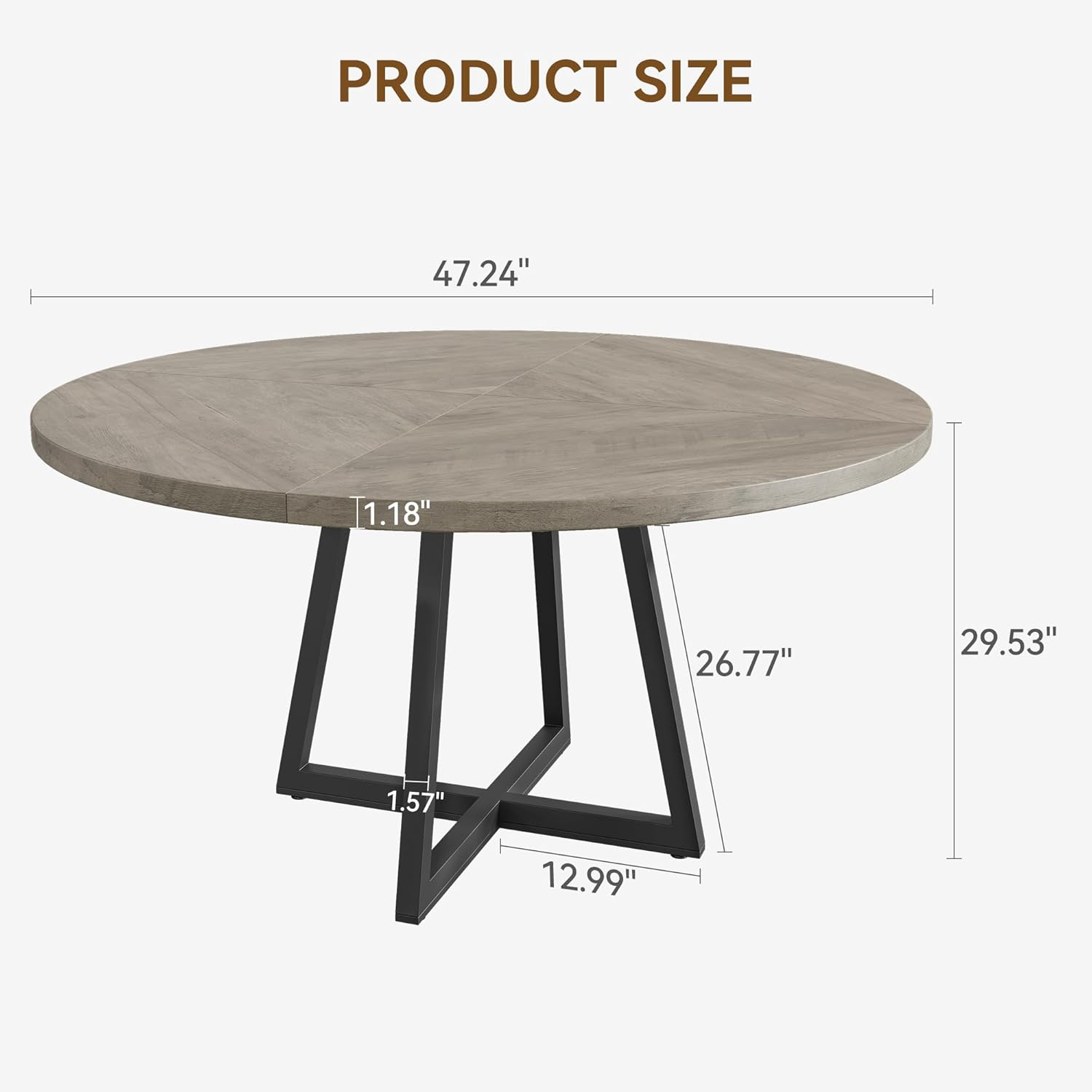 Round Dining Table, 47 Inch Round Dinner Table for 4, Industrial Kitchen Table with Wooden Top and Metal Base for Home Dining Room or Living Room - Grey(Only Table)