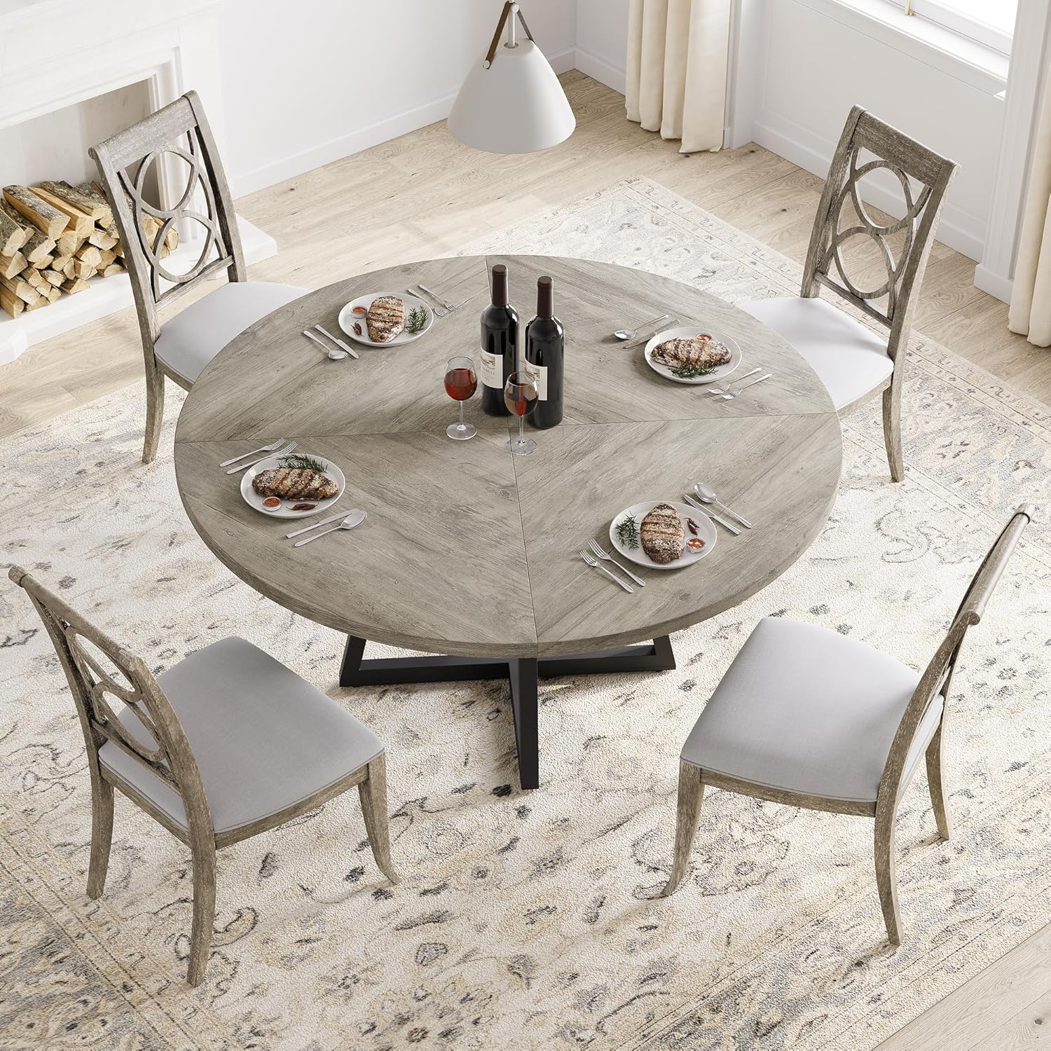 Round Dining Table, 47 Inch Round Dinner Table for 4, Industrial Kitchen Table with Wooden Top and Metal Base for Home Dining Room or Living Room - Grey(Only Table)