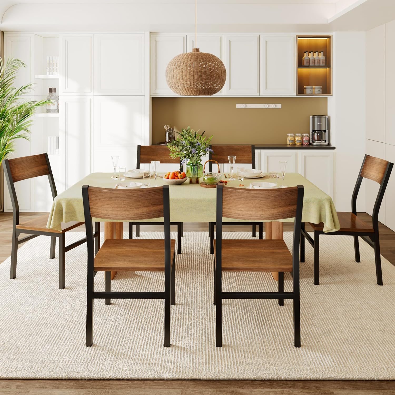 Dining Chairs Set of 6, Modern Kitchen Chairs with Ergonomic Backrest, MDF Board and Metal Legs, Dinner Chairs for Dining Room, Kitchen and Living Room, Easy Assembly, Walnut