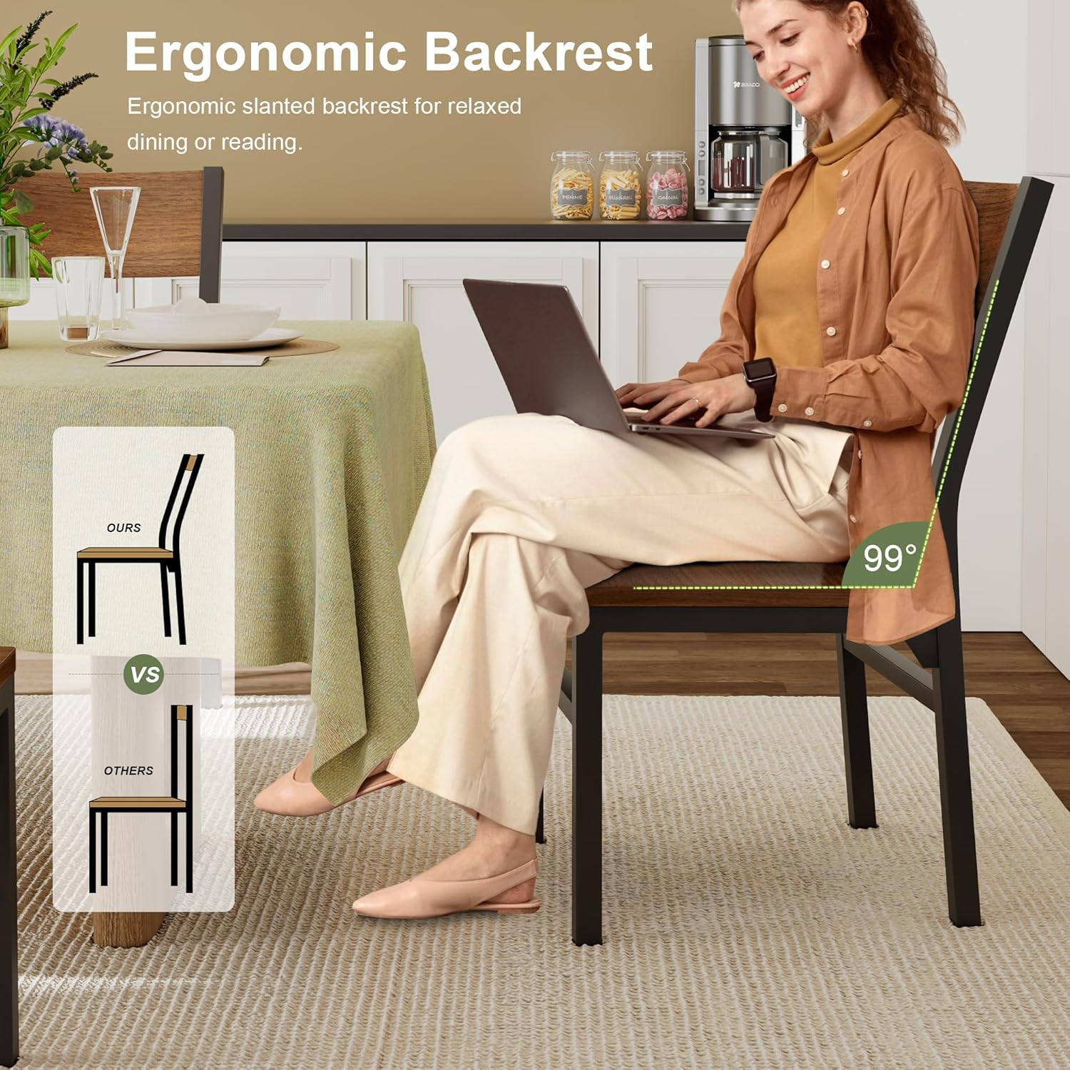 Dining Chairs Set of 6, Modern Kitchen Chairs with Ergonomic Backrest, MDF Board and Metal Legs, Dinner Chairs for Dining Room, Kitchen and Living Room, Easy Assembly, Walnut