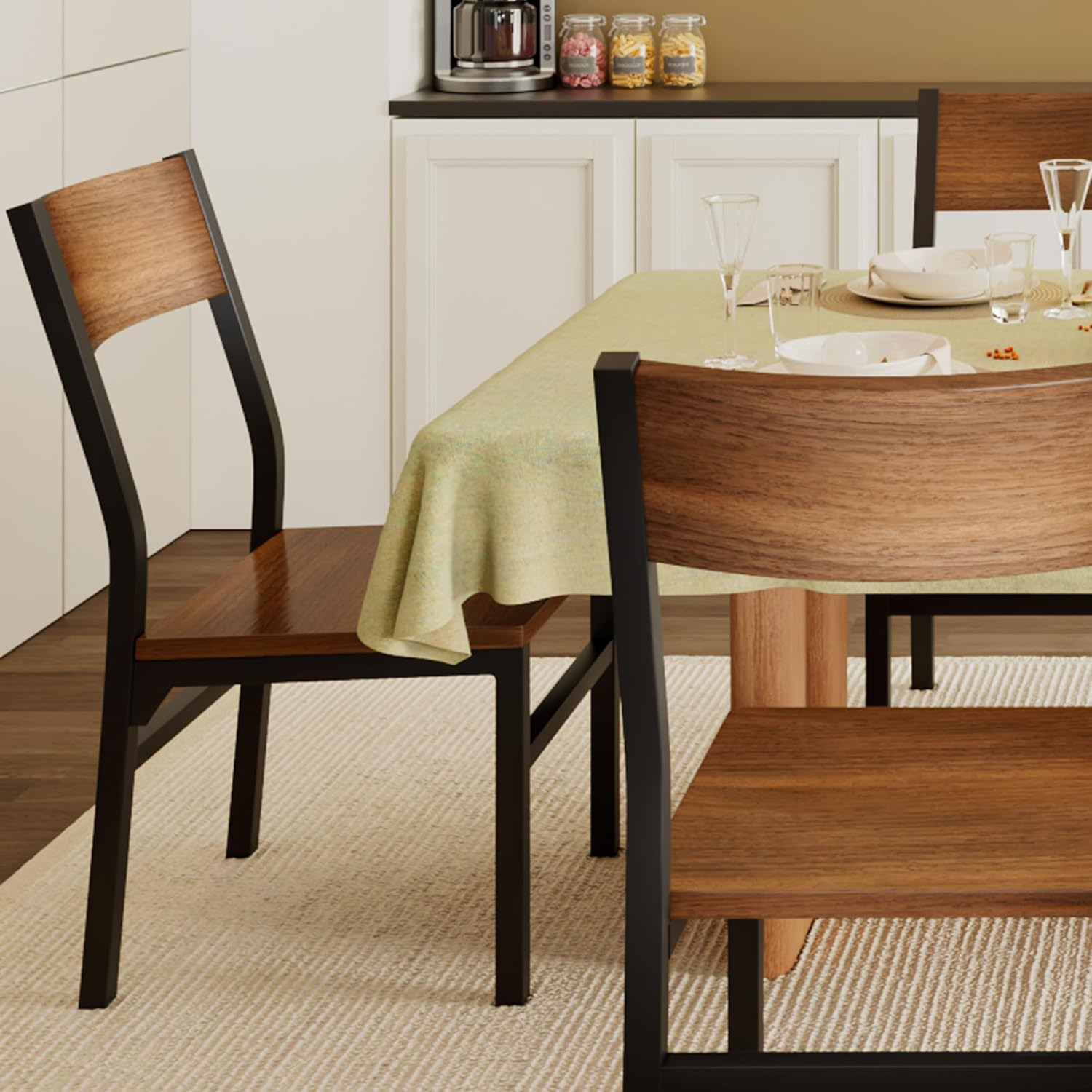 Dining Chairs Set of 6, Modern Kitchen Chairs with Ergonomic Backrest, MDF Board and Metal Legs, Dinner Chairs for Dining Room, Kitchen and Living Room, Easy Assembly, Walnut