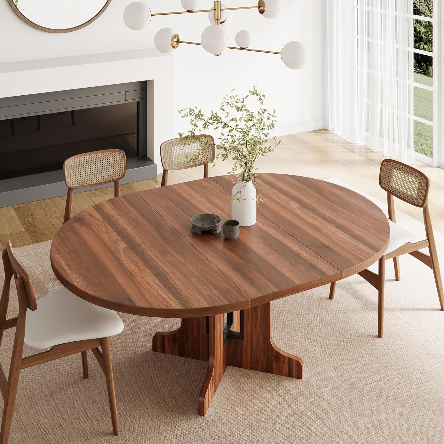 59" Round Extendable Dining Room Table for 6, Modern Oval Kitchen Table with Heavy Duty Wood Base, for Kitchen Dining Living Room, Easy Assembly, Noise-Free, Walnut