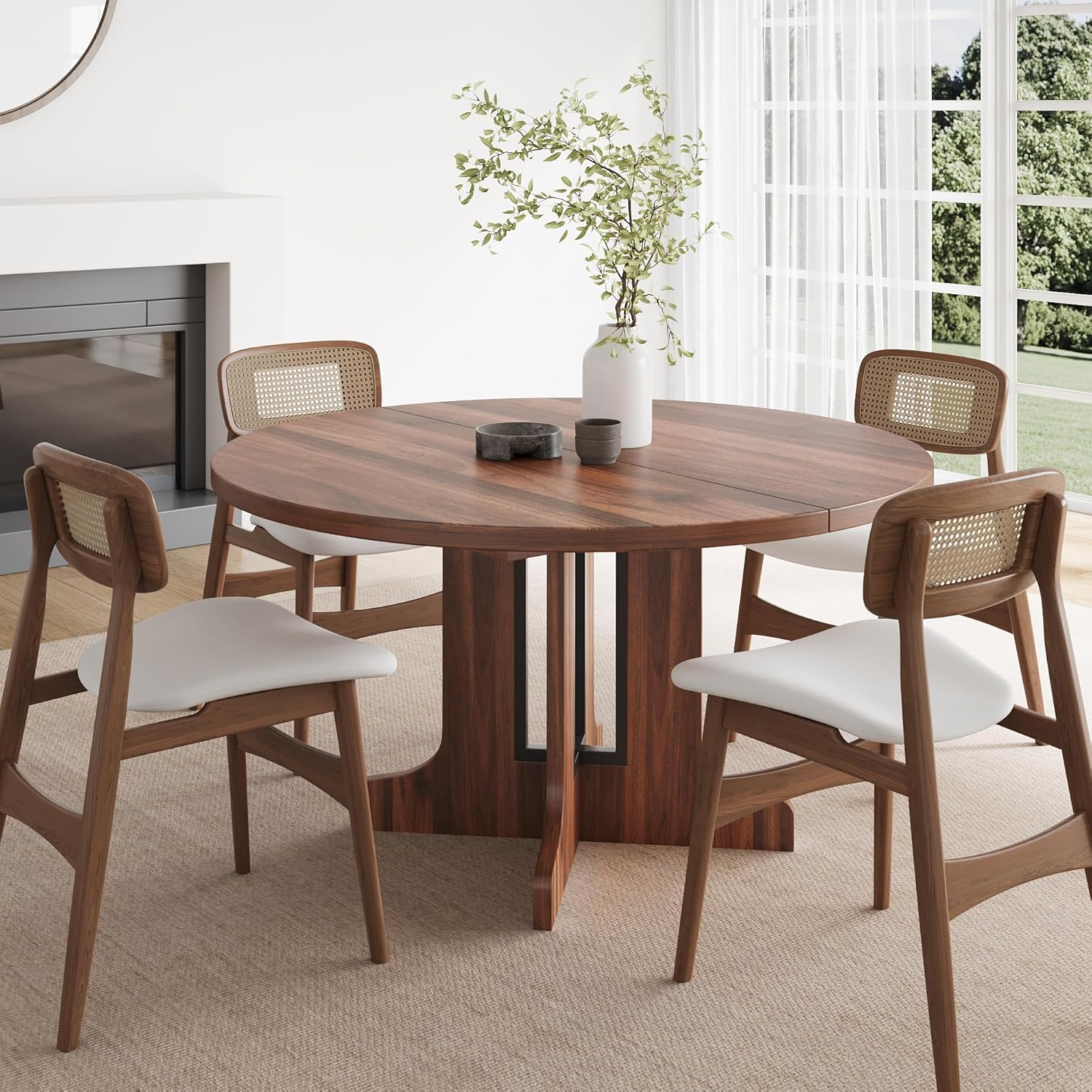 59" Round Extendable Dining Room Table for 6, Modern Oval Kitchen Table with Heavy Duty Wood Base, for Kitchen Dining Living Room, Easy Assembly, Noise-Free, Walnut