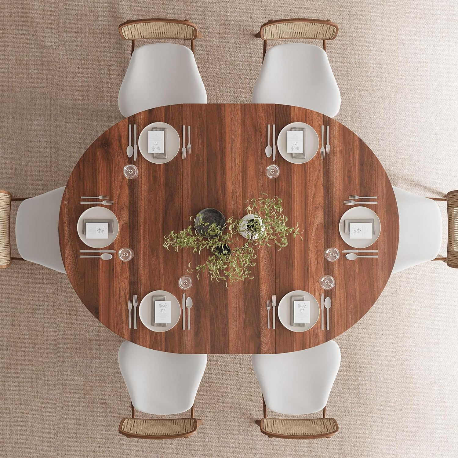 59" Round Extendable Dining Room Table for 6, Modern Oval Kitchen Table with Heavy Duty Wood Base, for Kitchen Dining Living Room, Easy Assembly, Noise-Free, Walnut