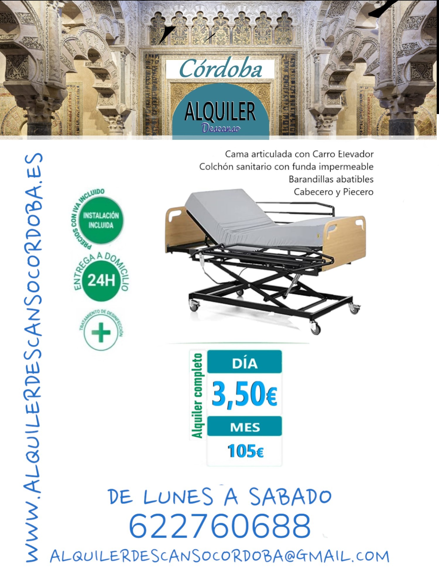 Cama articulada eléctrica con carro elevador, colchón sanitario con funda impermeable, barandillas abatibles, cabecero y piecero