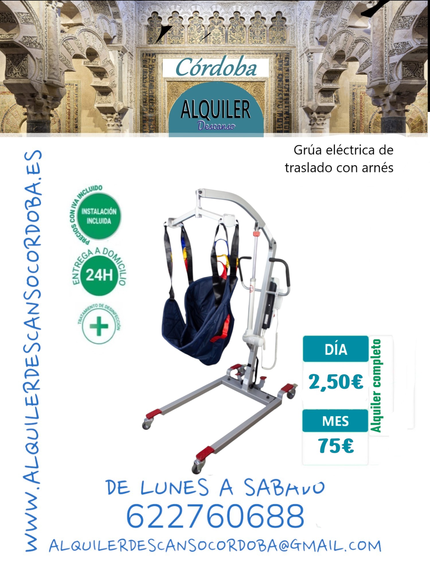 Grúa de traslados de enfermos con arnés