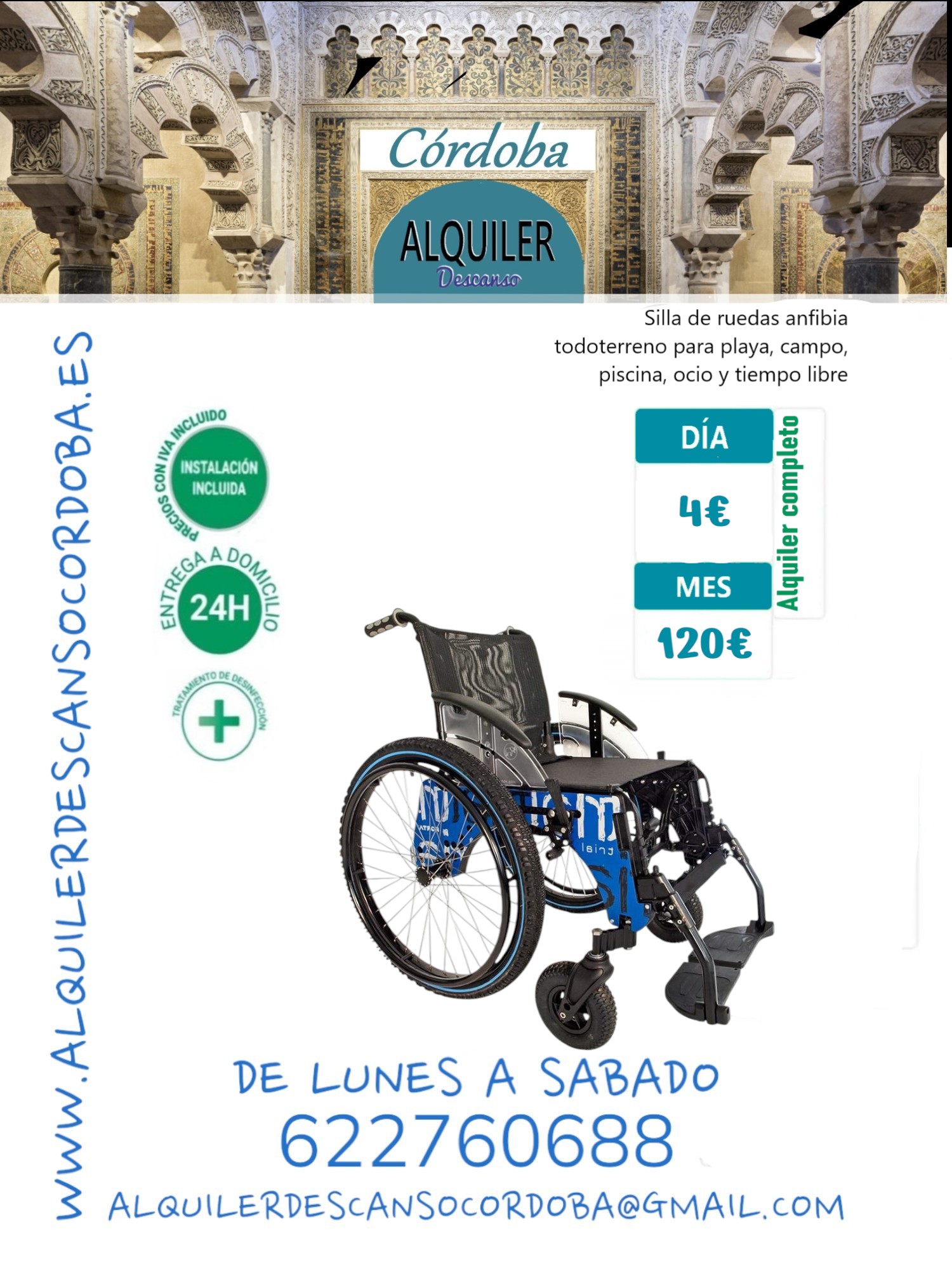 Silla de ruedas anfibia todoterreno para playa, campo, piscina, ocio y tiempo libre