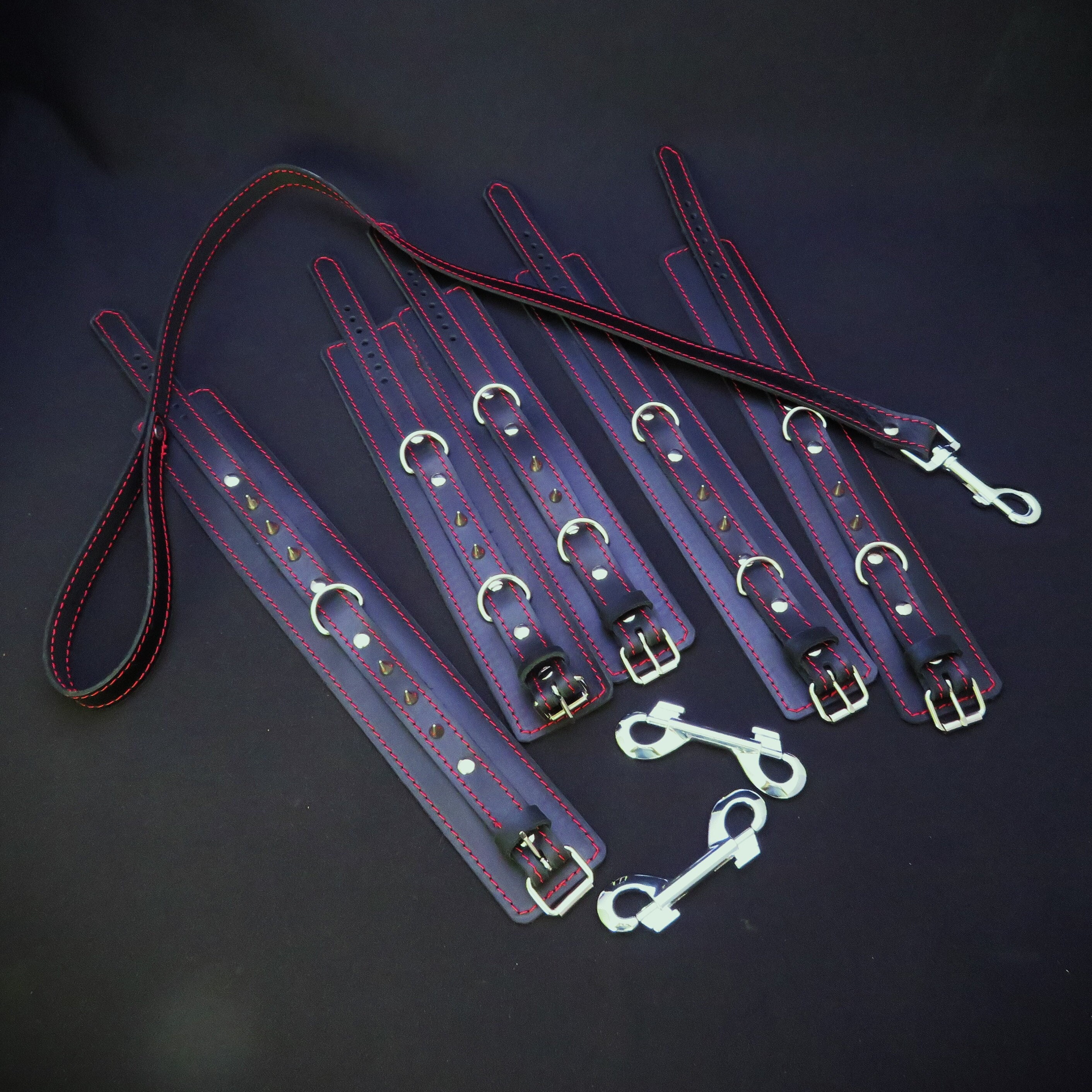Submissive Restraints Full Set – Premium Black Leather with Red Stitching and Spikes